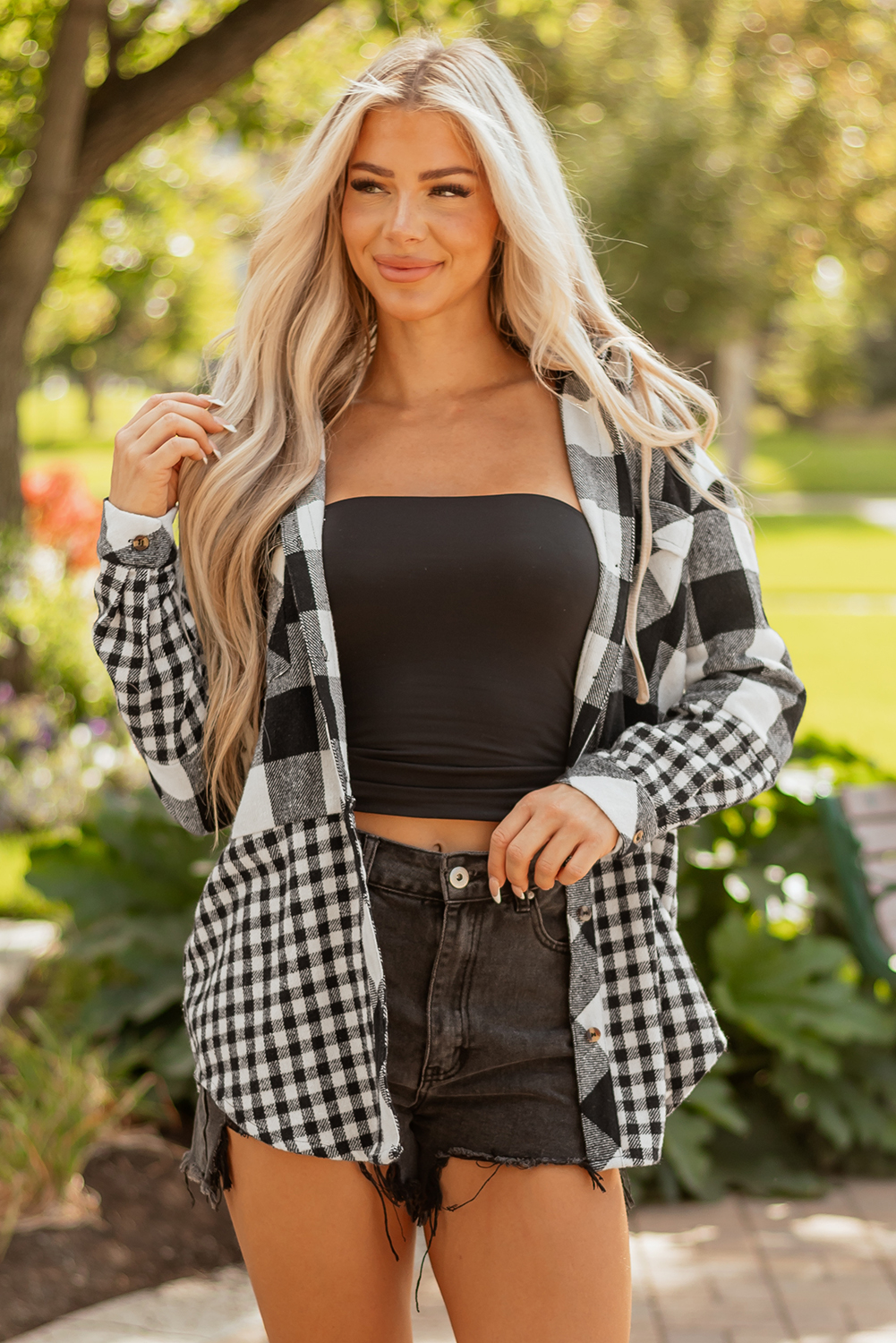 Black Double Plaid Patchwork Drawstring Hooded Shacket - loveforevers
