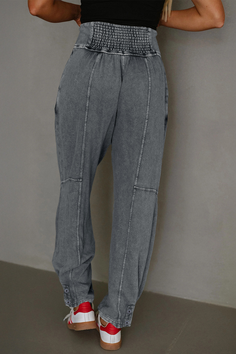 Medium Grey Mineral Wash Jogger Style High Waist Casual Pants - loveforevers