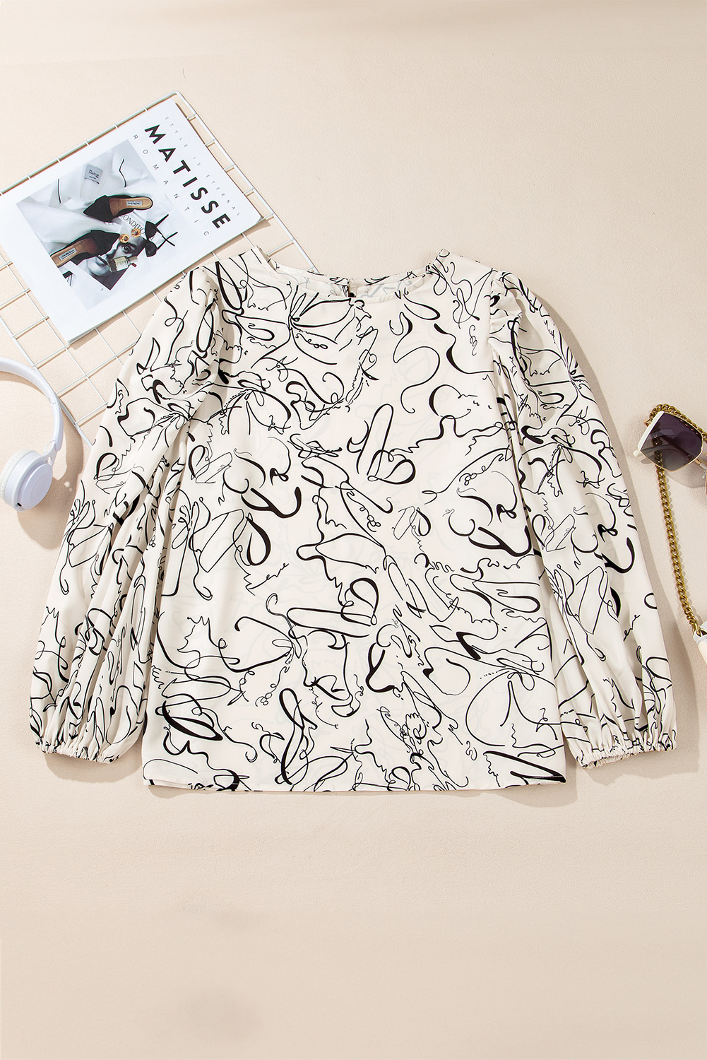 Beige Abstract Print Balloon Sleeve Crew Neck Blouse - loveforevers