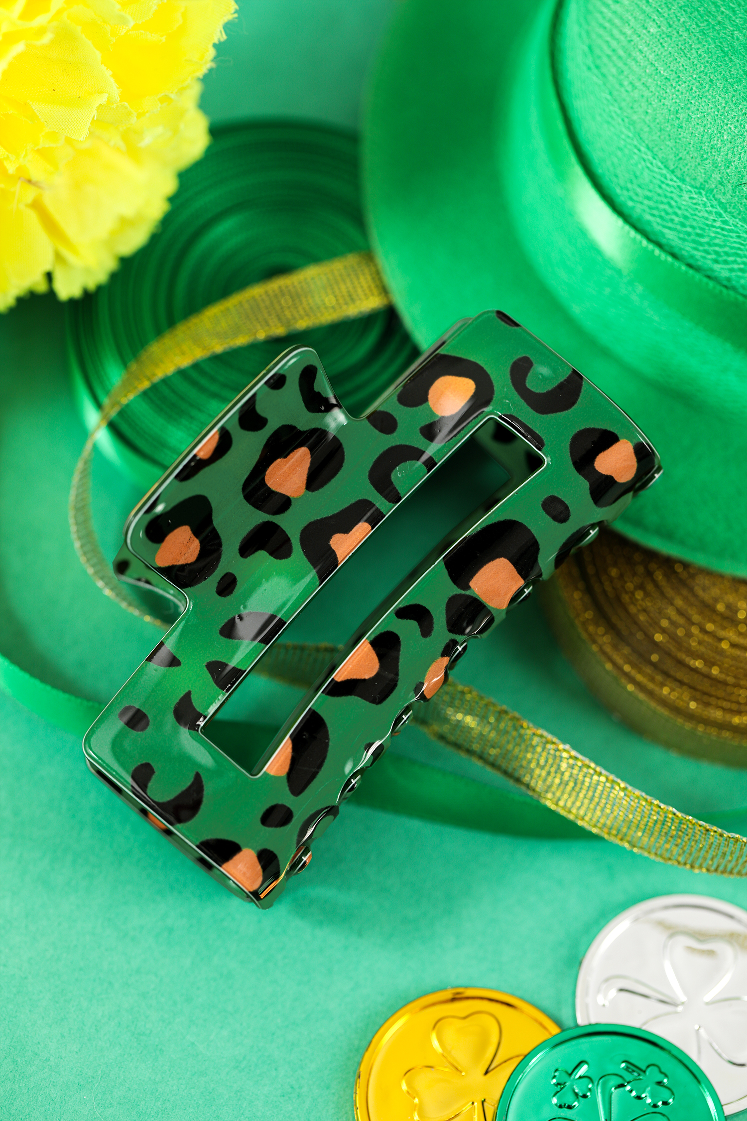 Dark Green Leopard Print Square Hollowed Plastic Hair Claw Clip - loveforevers