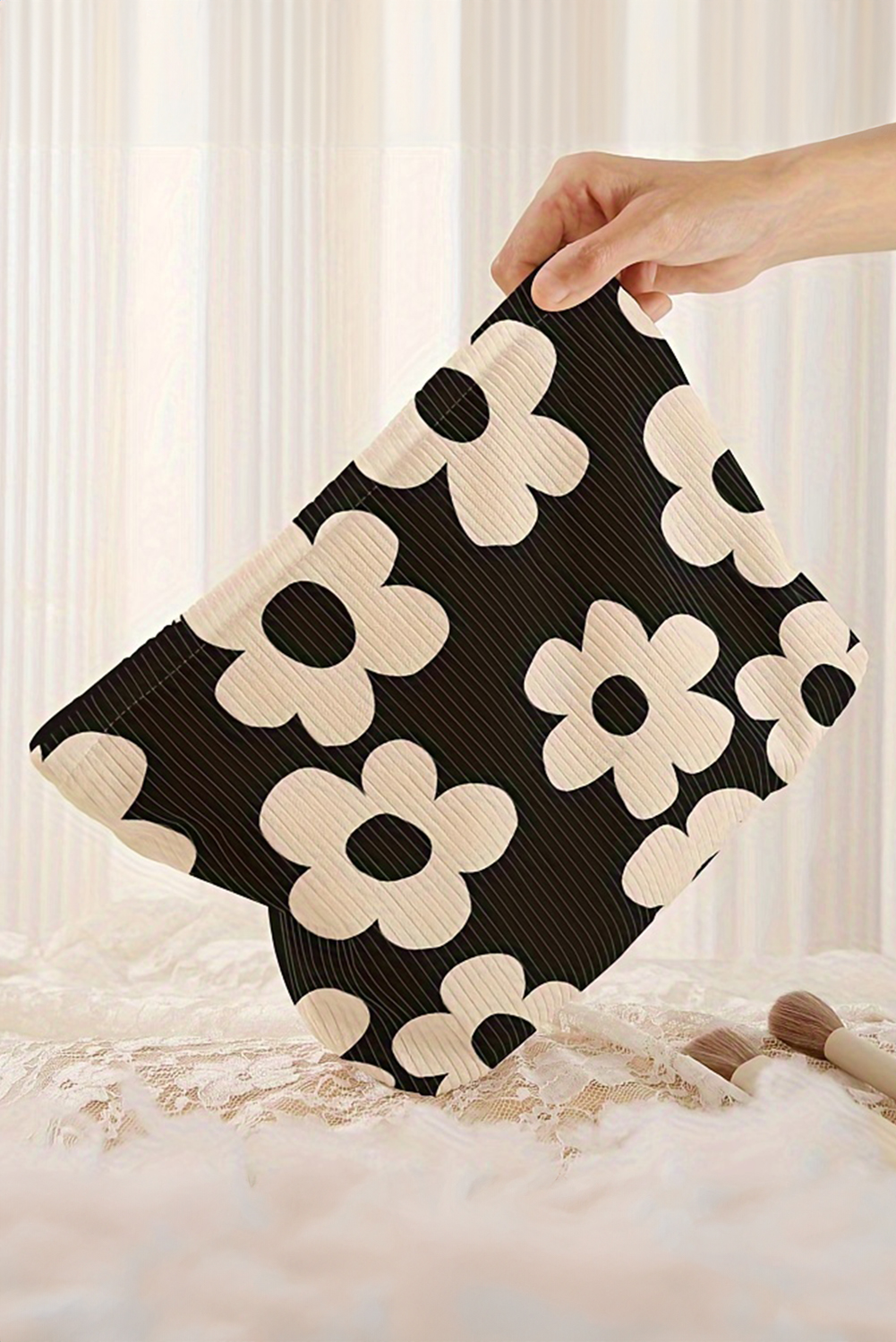 Red Flower Printed Rib Textured Cosmetic Bag - loveforevers