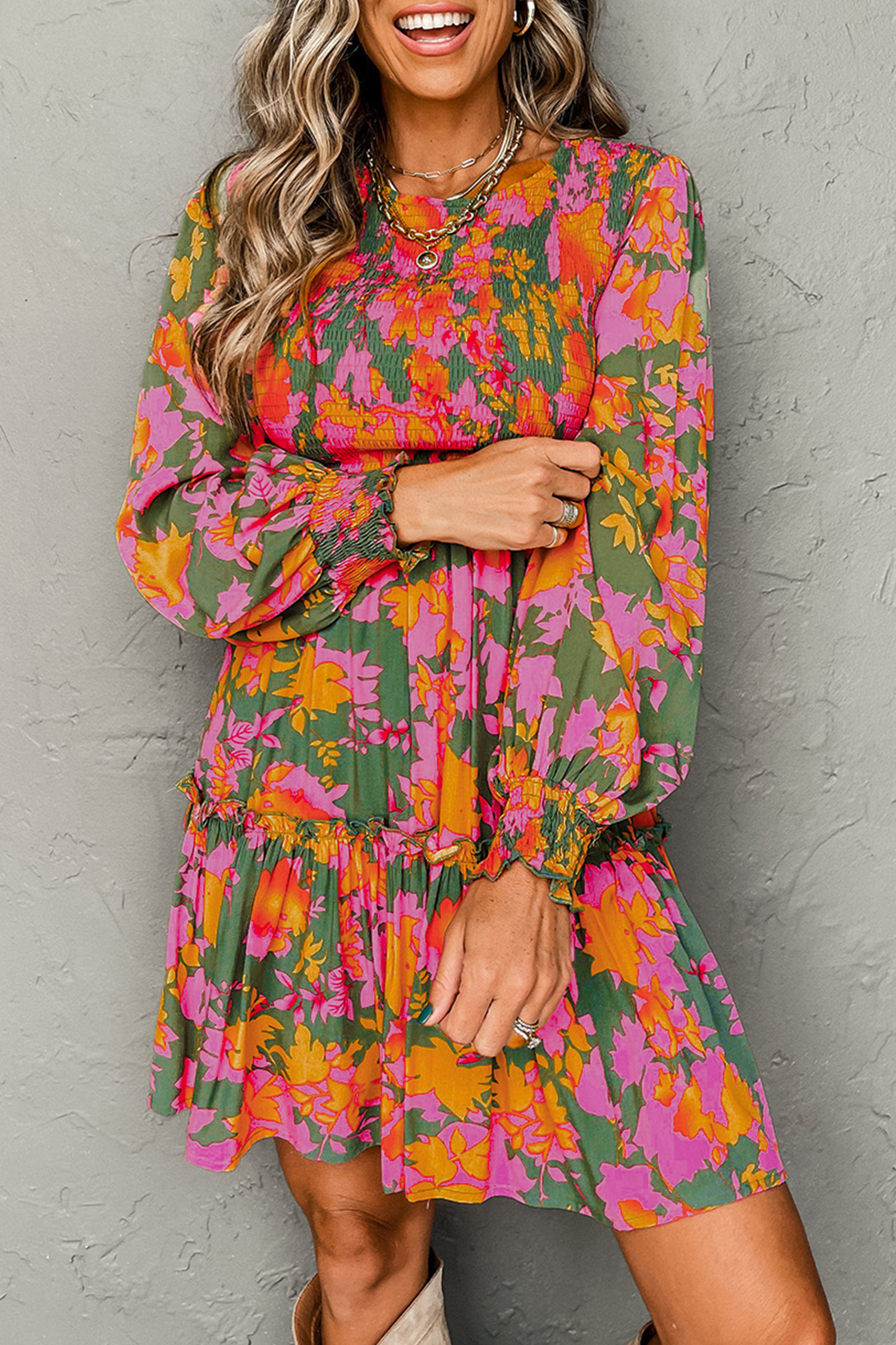 Multicolour Floral Print Long Sleeve Smocked Ruffled Mini Dress - loveforevers