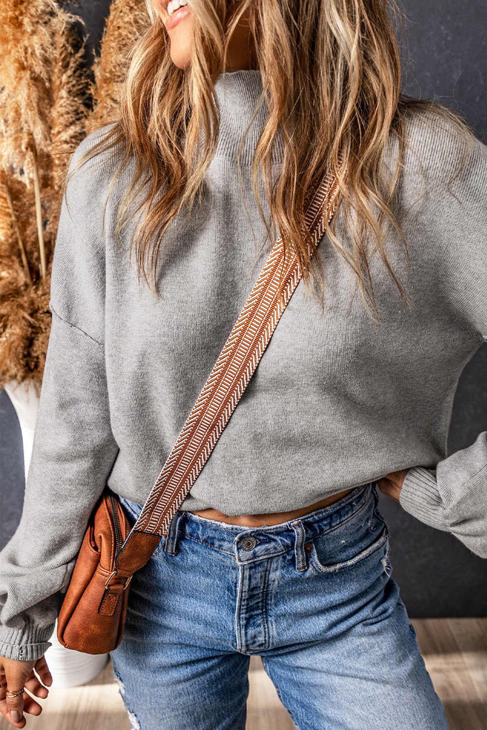 Gray Turtleneck Drop Shoulder Bubble Sleeve Knit Sweater - loveforevers
