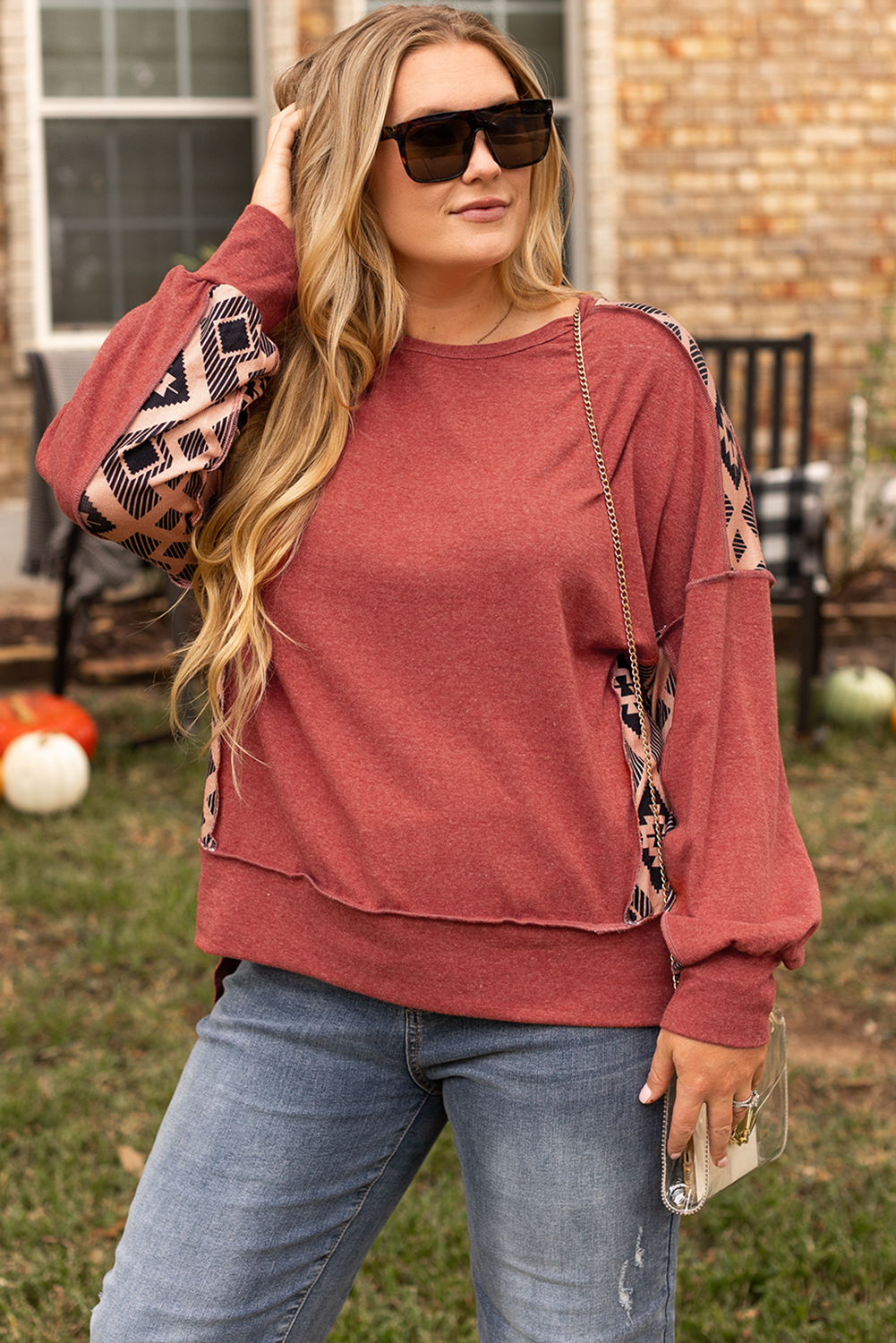 Redwood Burl Aztec Patchwork Drop Shoulder Plus Size High Low Sweatshirt - loveforevers