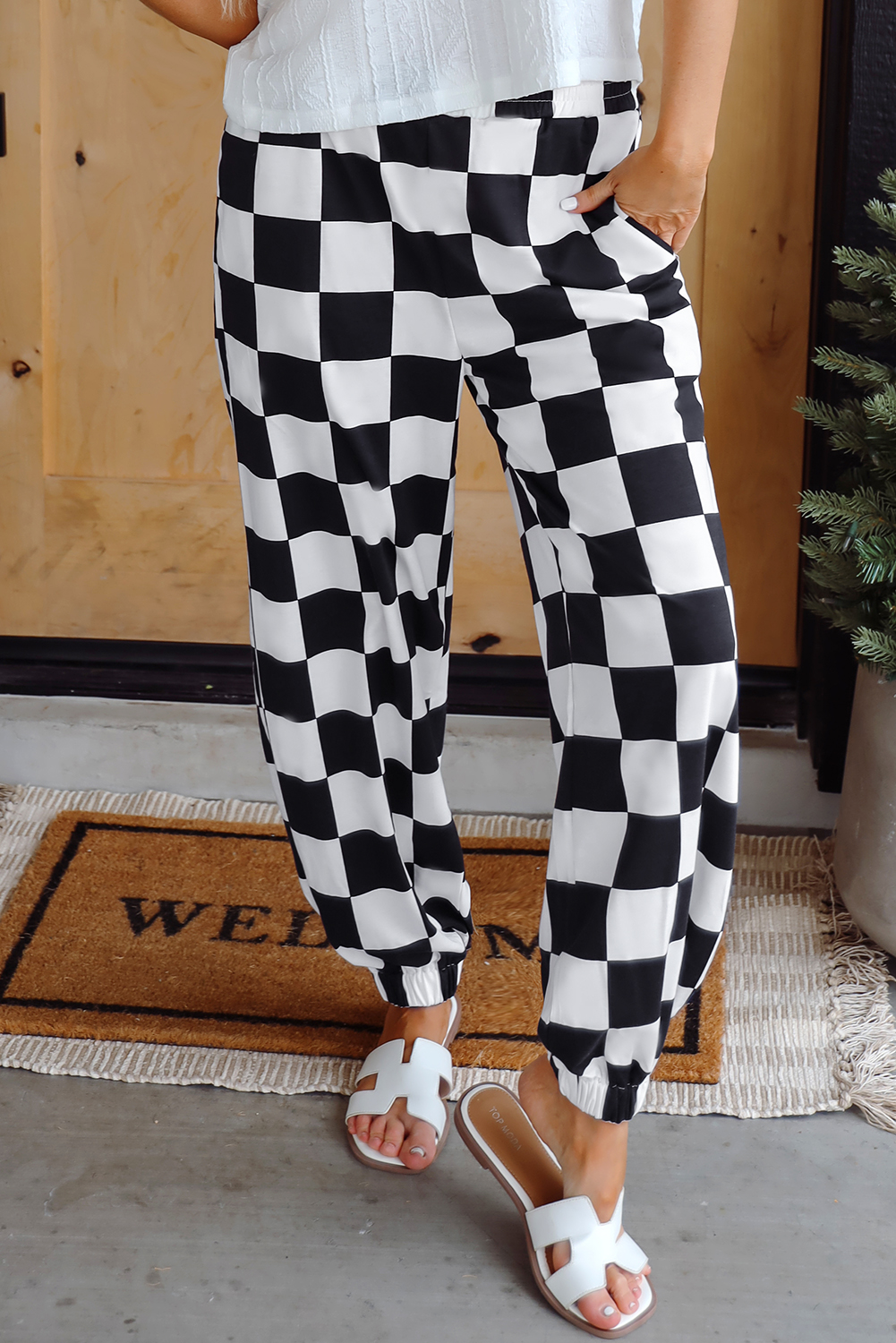 Black 2-Tone Checked Print High Waist Wide Leg Pants - loveforevers