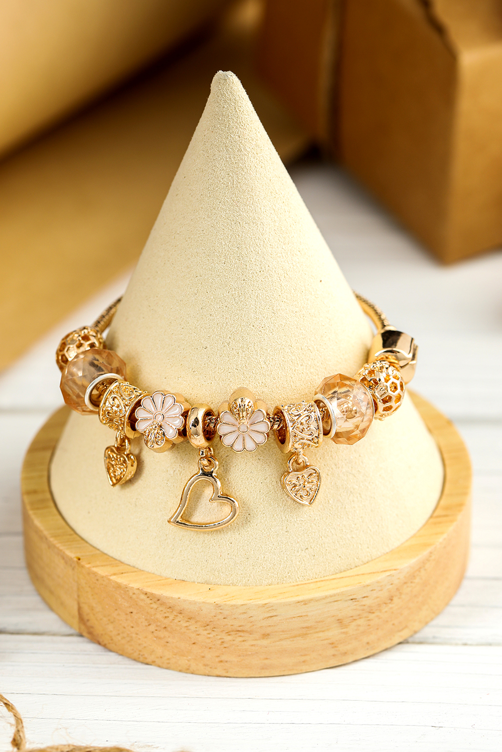 Gold Flower Heart Charm Plated Alloy Bracelet - loveforevers