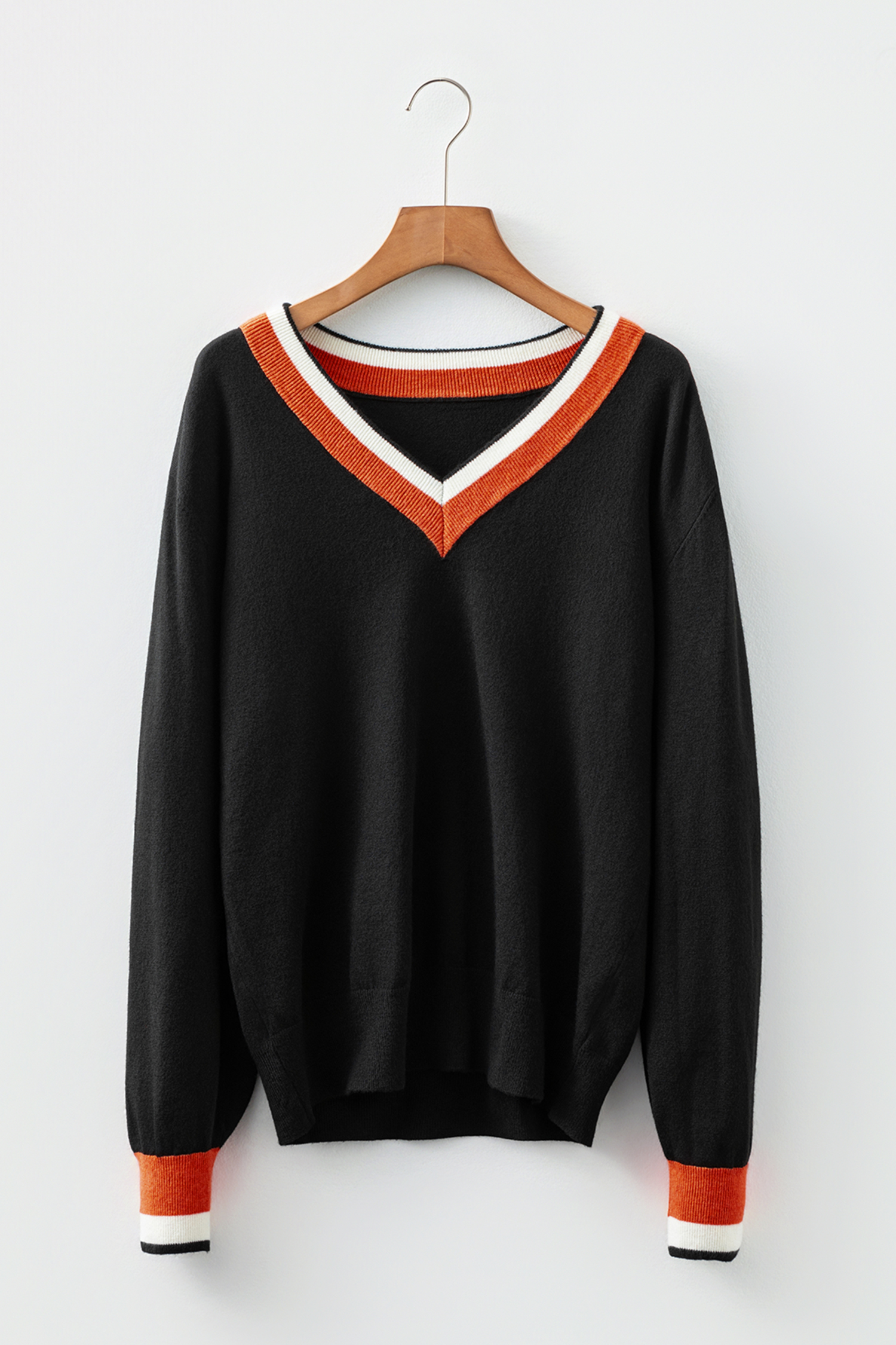 Black Contrast Striped Trim V Neck Varsity Sweater - loveforevers