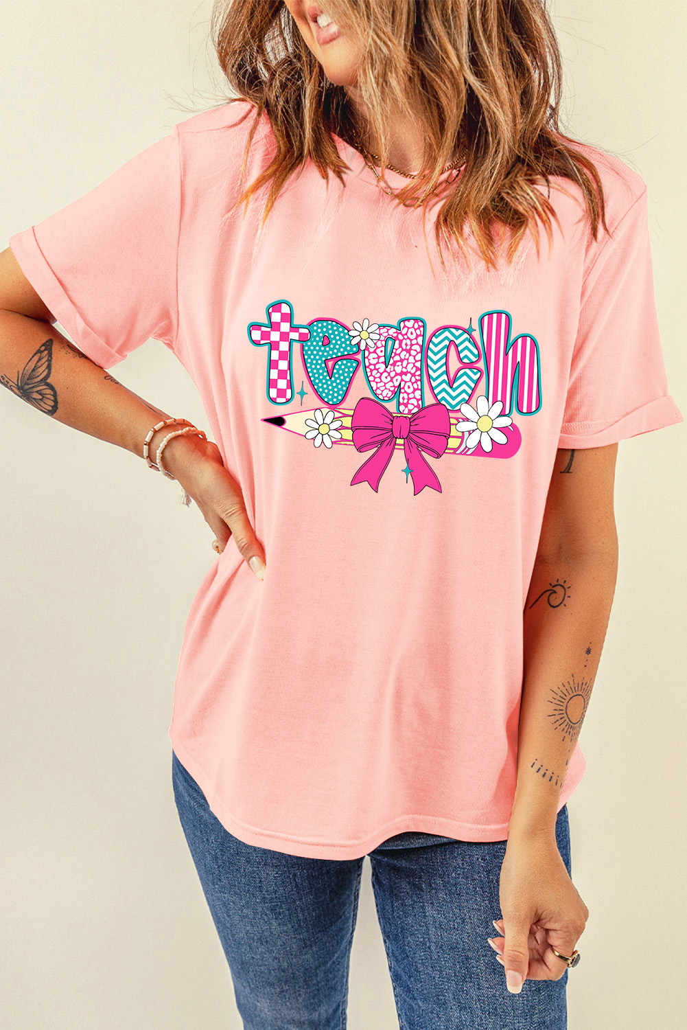 Pink Preppy Retro Checkered Coquette Teach Graphic T-Shirt - loveforevers