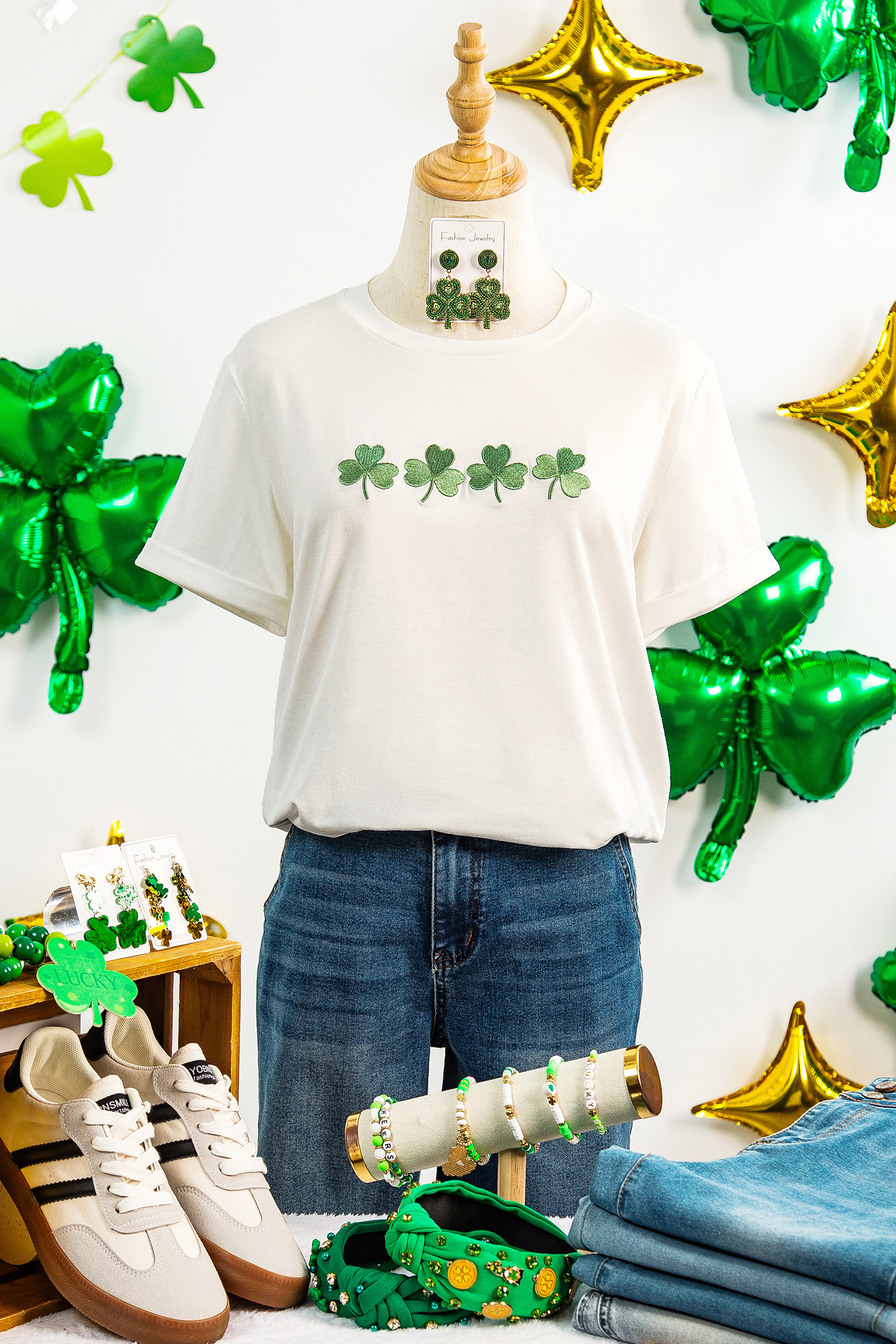 White Embroidered Clover St Patricks Fashion Graphic Tee - loveforevers