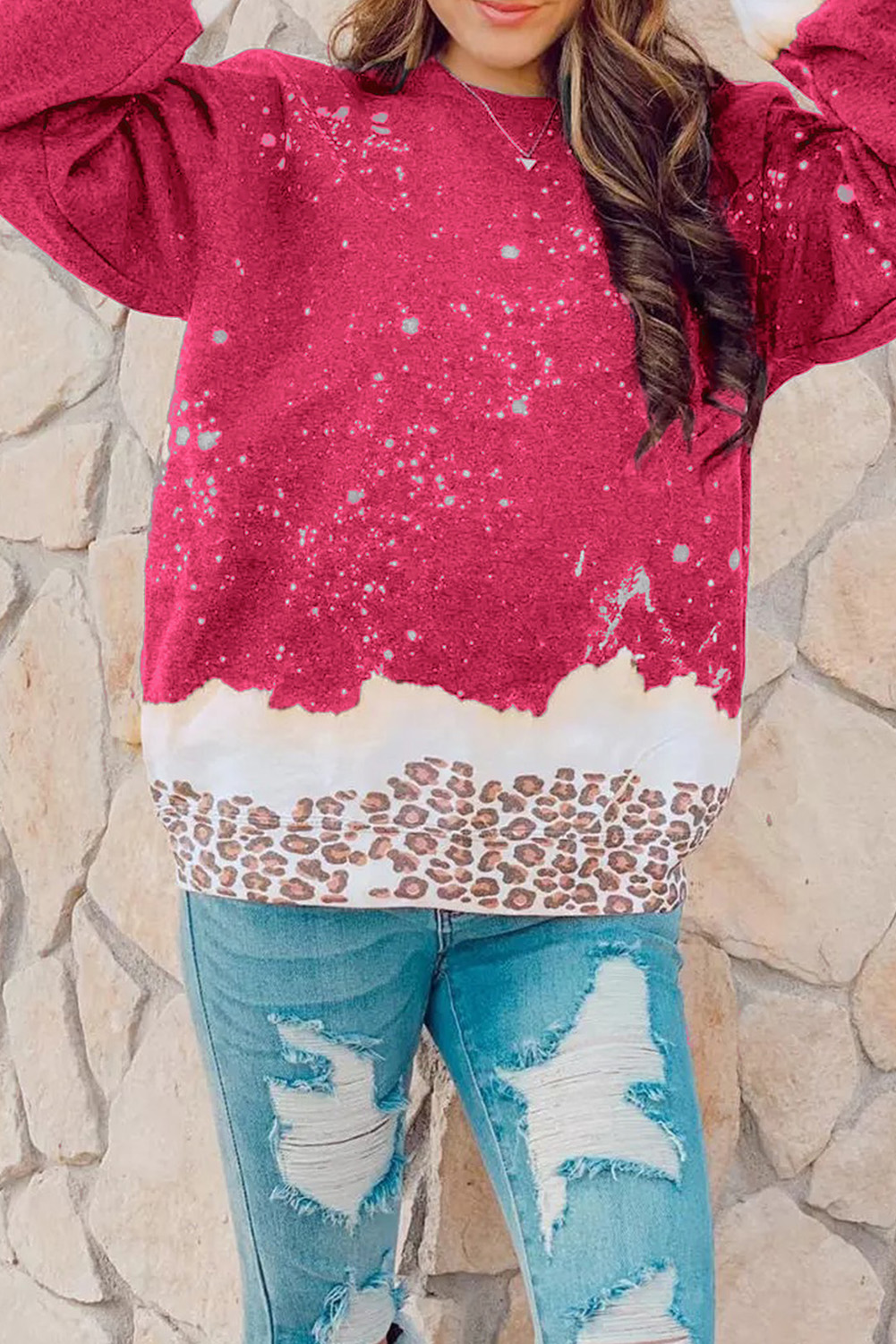 Fiery Red Leopard Bleached Pullover Sweatshirt - loveforevers
