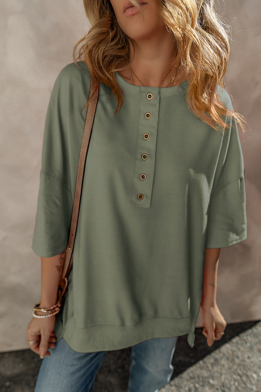 Jungle Green Exposed Seam Button Neck Wide Sleeve Tunic Top - loveforevers