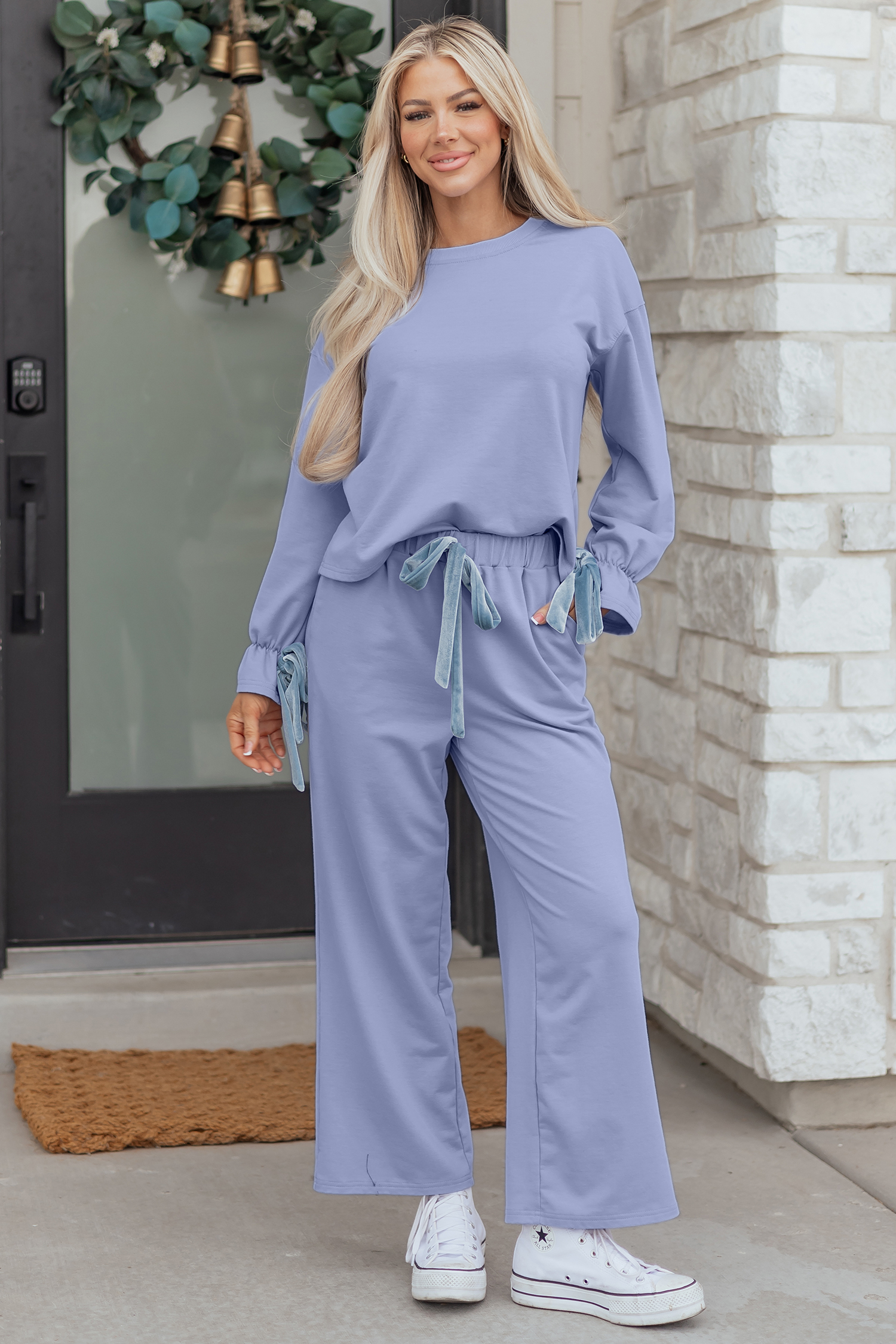 Beau Blue Flounce Long Sleeve Top Drawstring Pants Contrast Velvet Bow Knot 2pcs Lounge Set - loveforevers