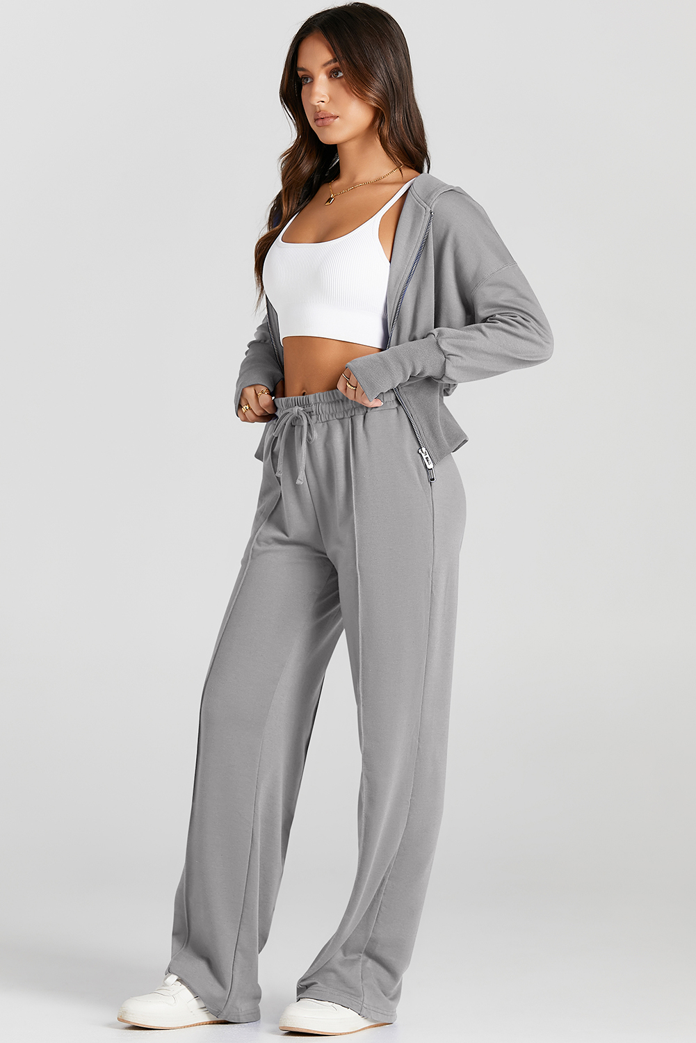 Gray Double Zipper Hooded Jacket and Sweatpants Active Set - loveforevers