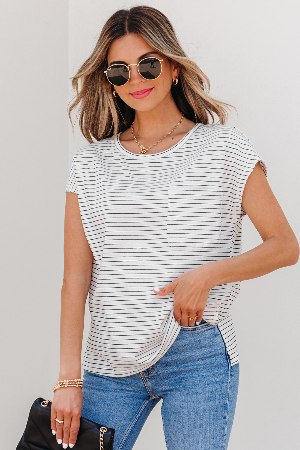 White Stripe Cap Sleeve Crew Neck Casual Tee with Chest Pocket - loveforevers
