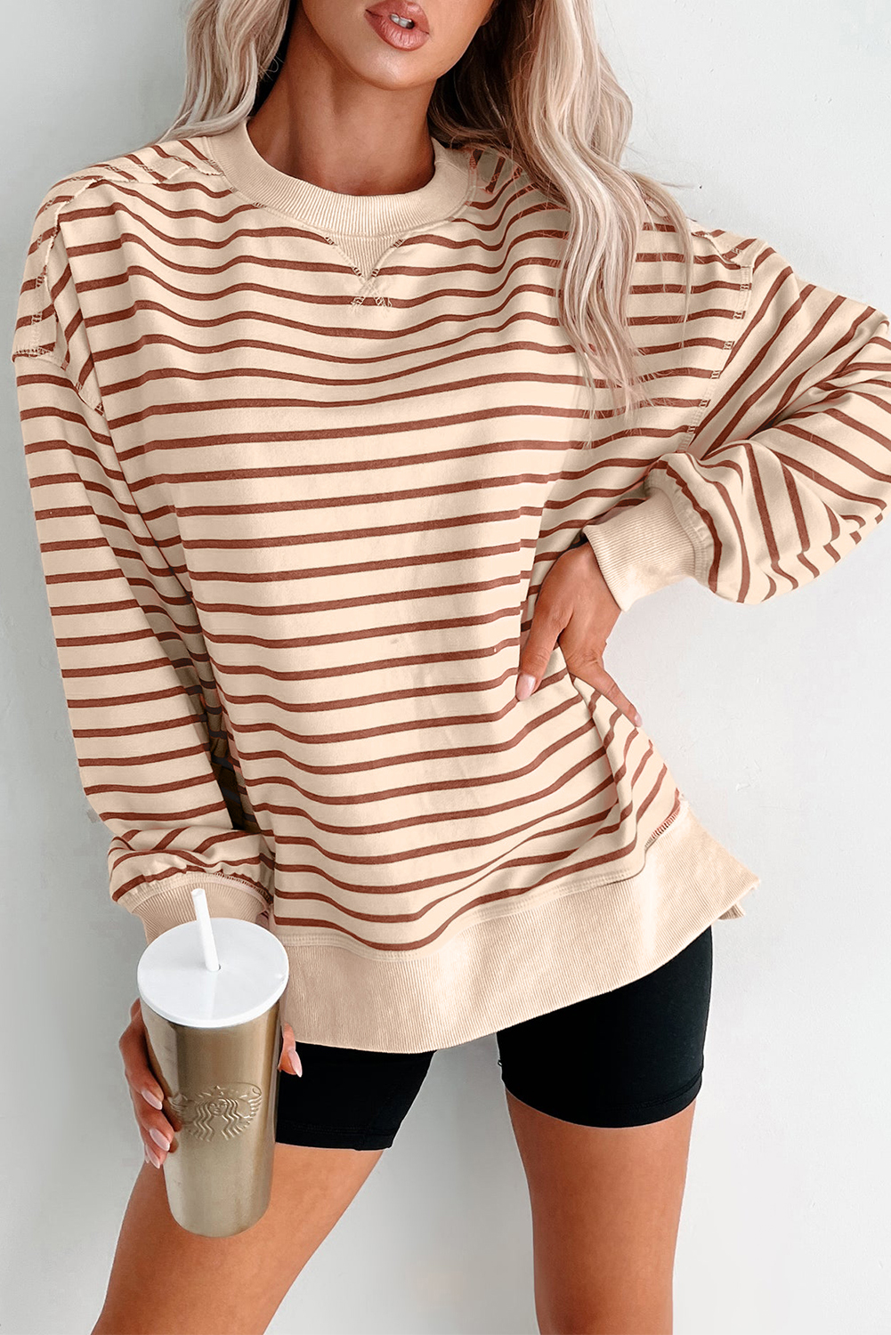 Khaki Stripe Ribbed Band Seam Detail Baggy Sweatshirt - loveforevers