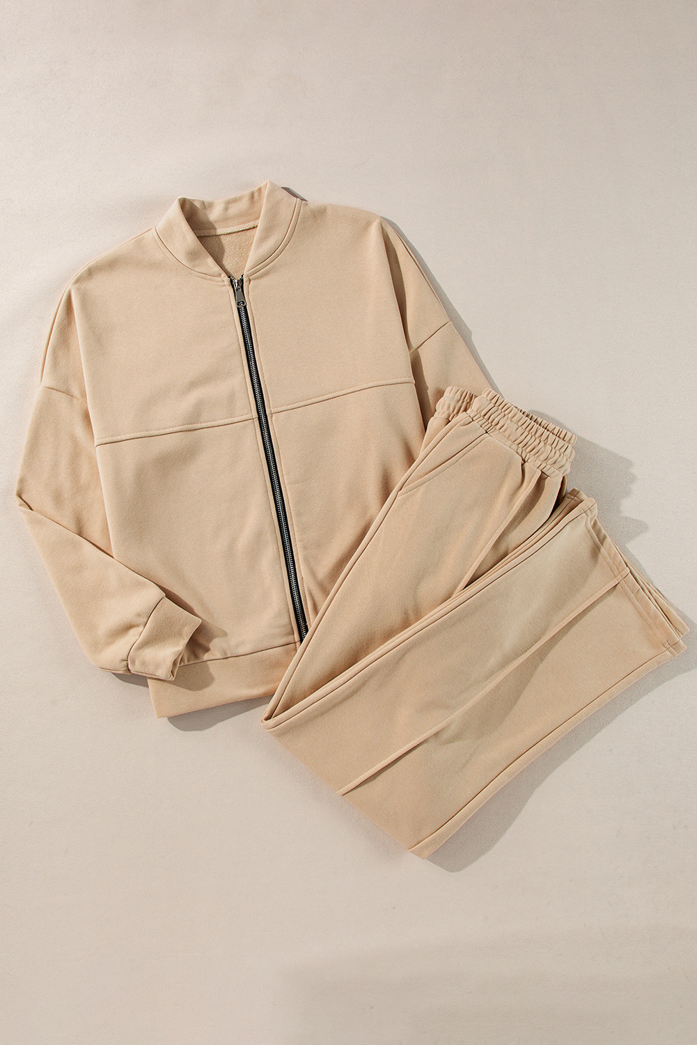 Apricot Solid Seamed Zipper Jacket and Drawstring Waist Pants Set - loveforevers