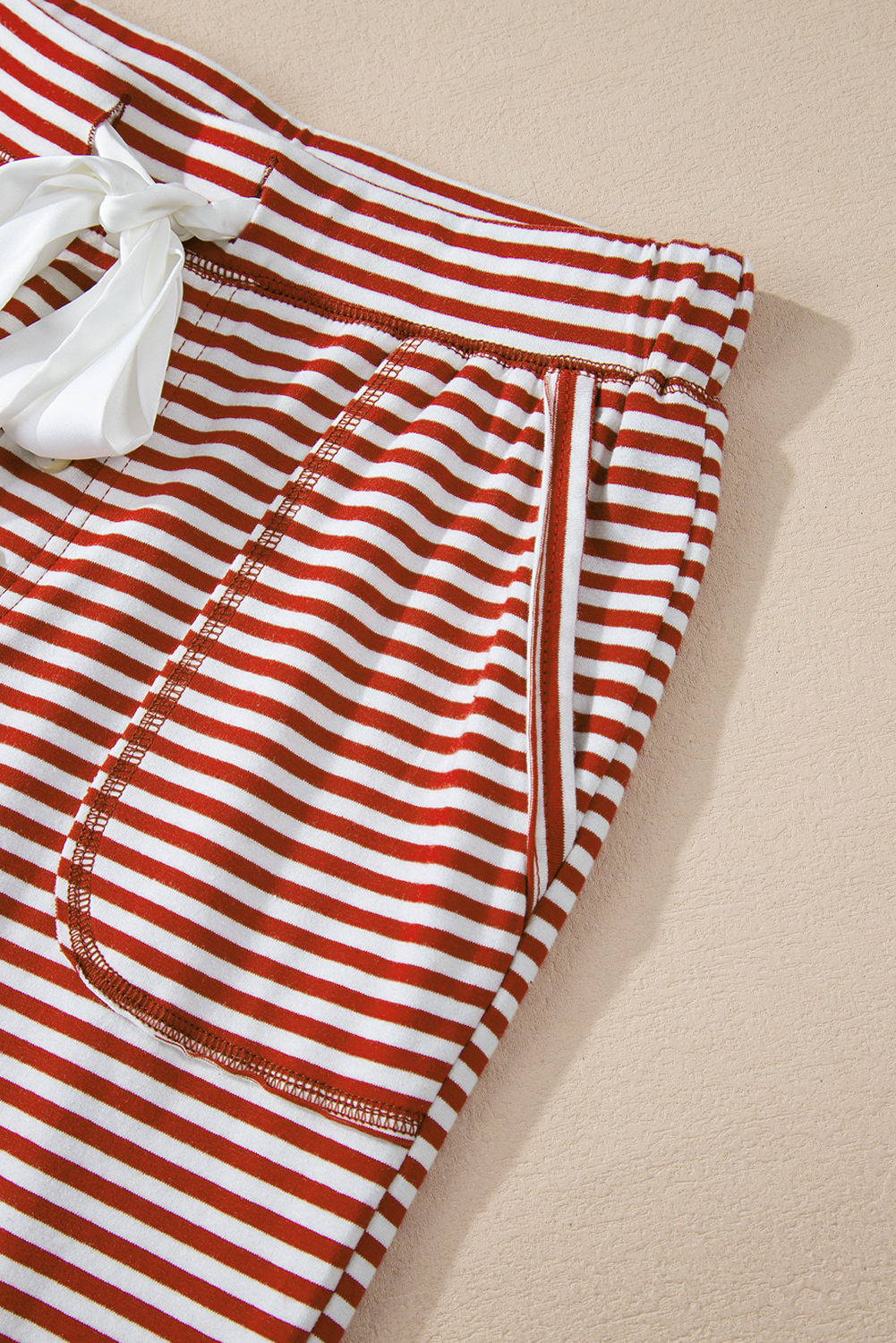 Red Stripe Buttoned V Neck Top and Knotted Waist Pants Lounge Set - loveforevers