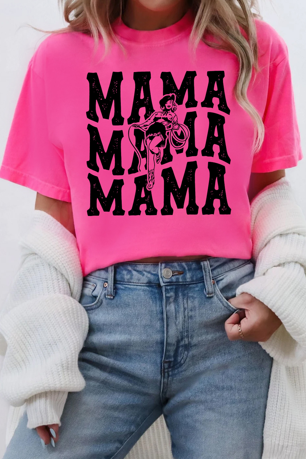 Rose Red Western MAMA Print Crew Neck T Shirt - loveforevers