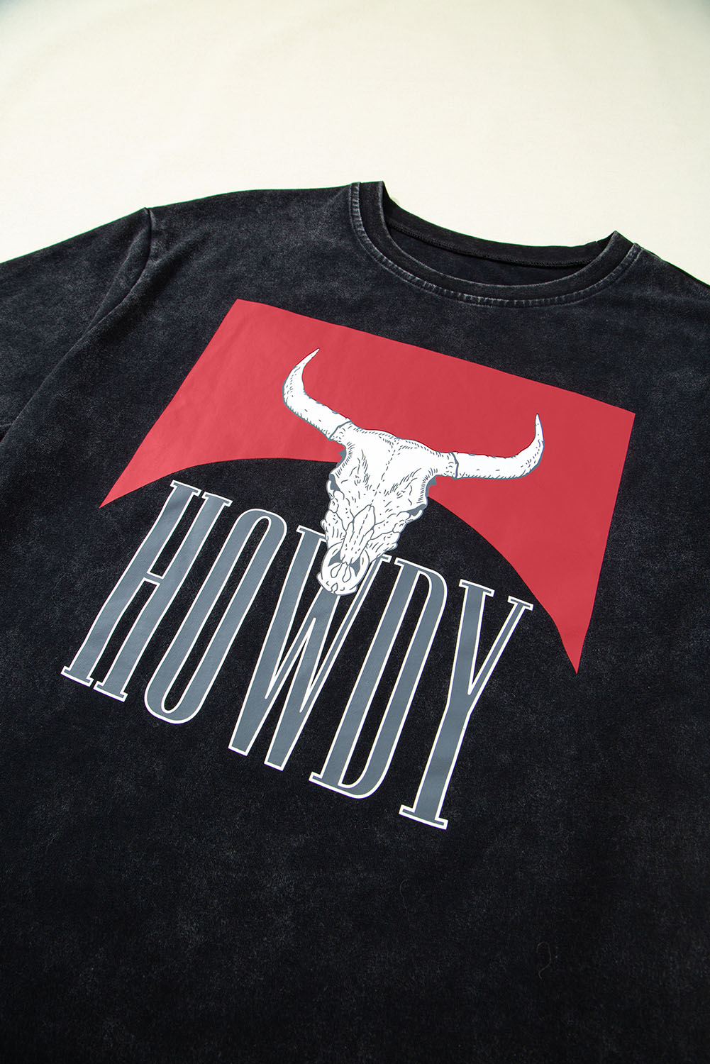 Black Western HOWDY Steer Head Print Side Slits Loose Fit T Shirt - loveforevers