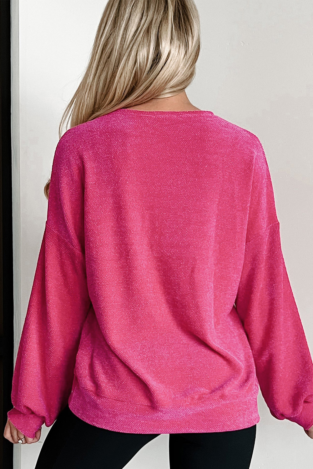 Rose Red Textured Long Sleeve V Neck Top - loveforevers