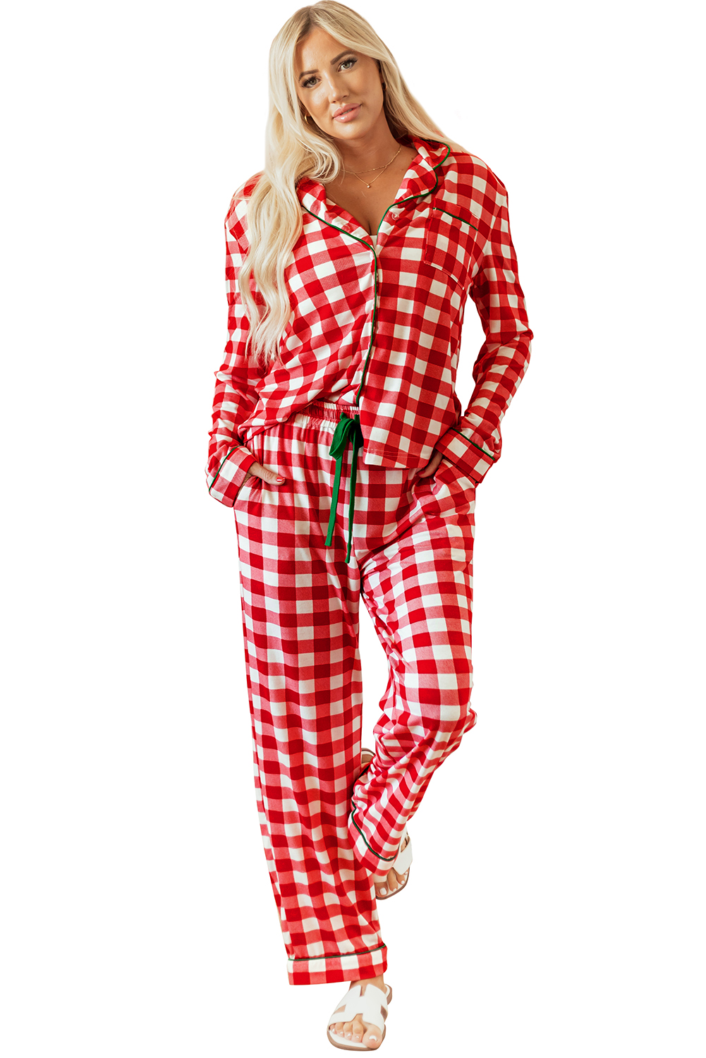 Fiery Red Christmas Plaid Print Shirt and Pants Pajama Set - loveforevers