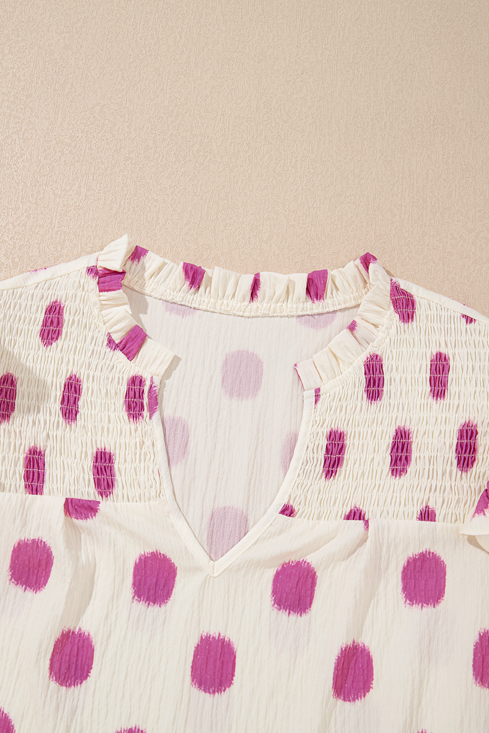 Black Polka Dot Print Shirred Yoke Notched Neck Balloon Sleeve Blouse - loveforevers