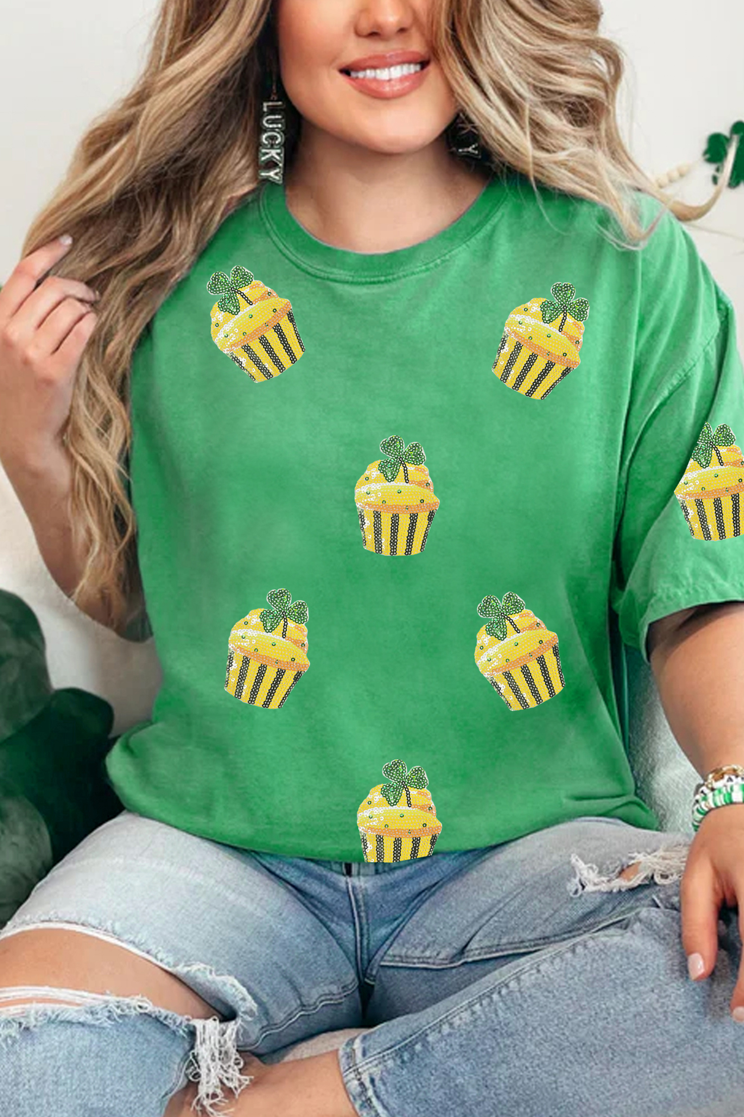 Bright Green St Patricks Day Sequin Cupcake Graphic T Shirt - loveforevers