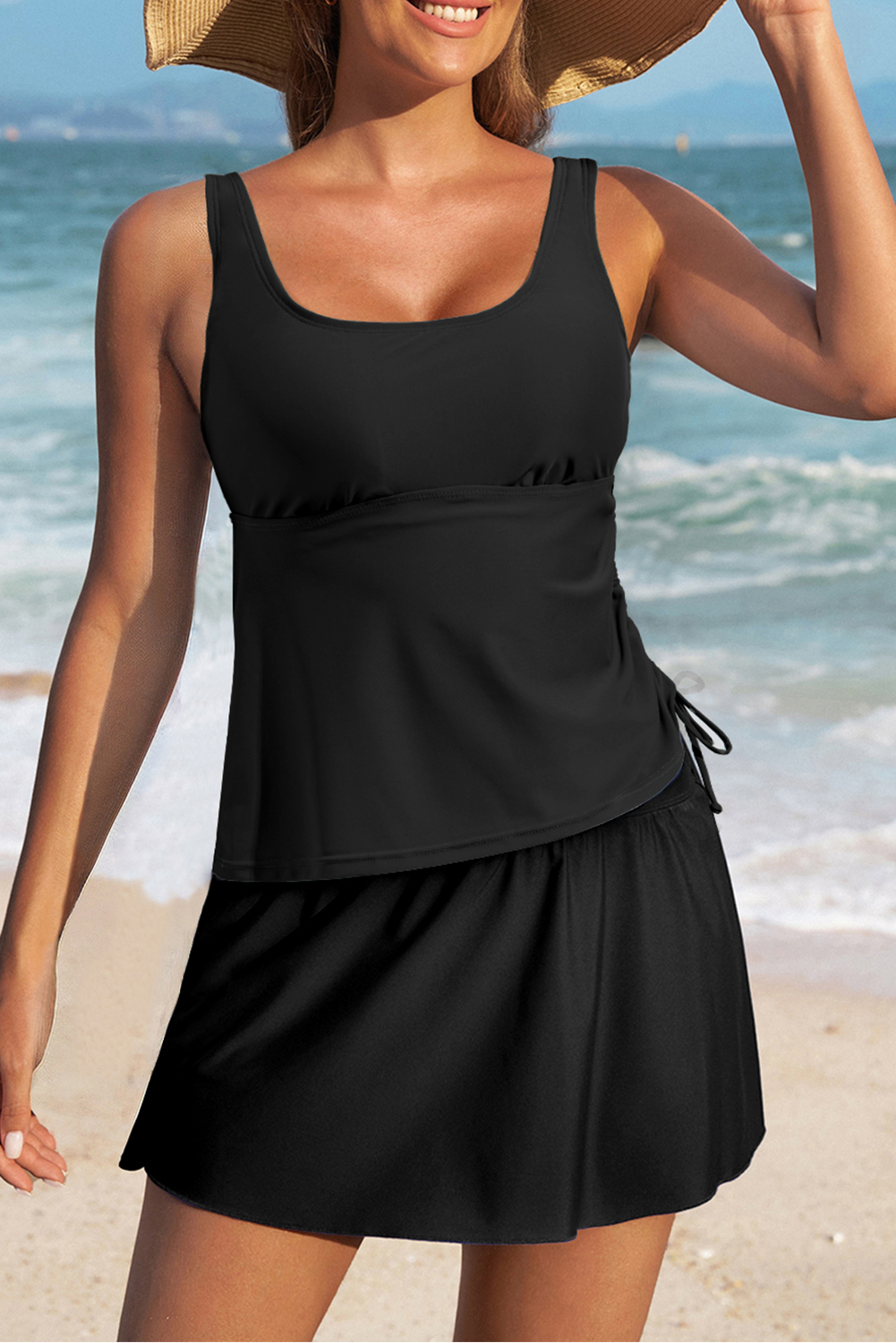 Black Scoop Neck Adjustable Tankini and Matching Skort Bathing Suit - loveforevers
