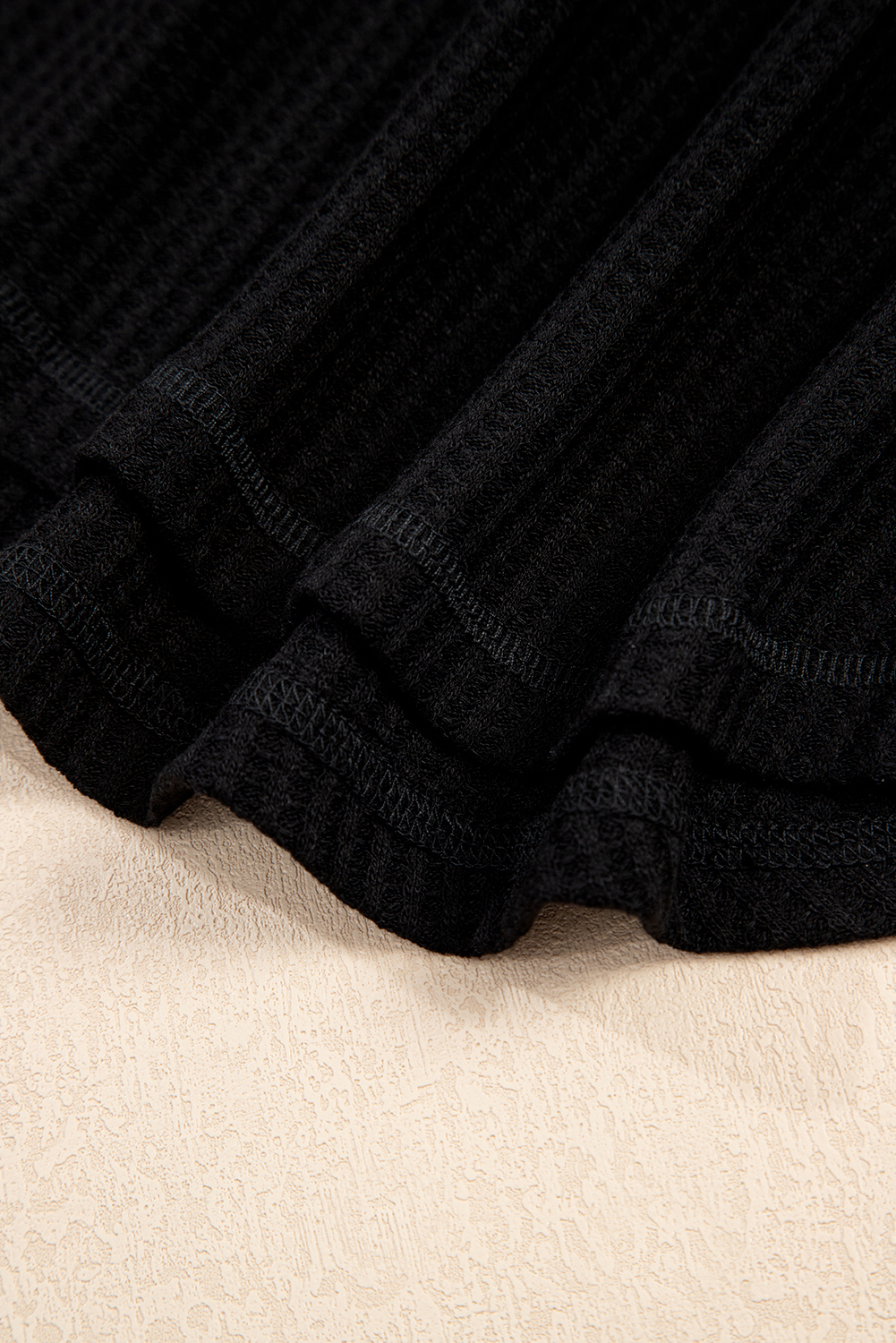 Black Waffle Texture Ribbed V Neck Drop Shoulder Loose Tee - loveforevers
