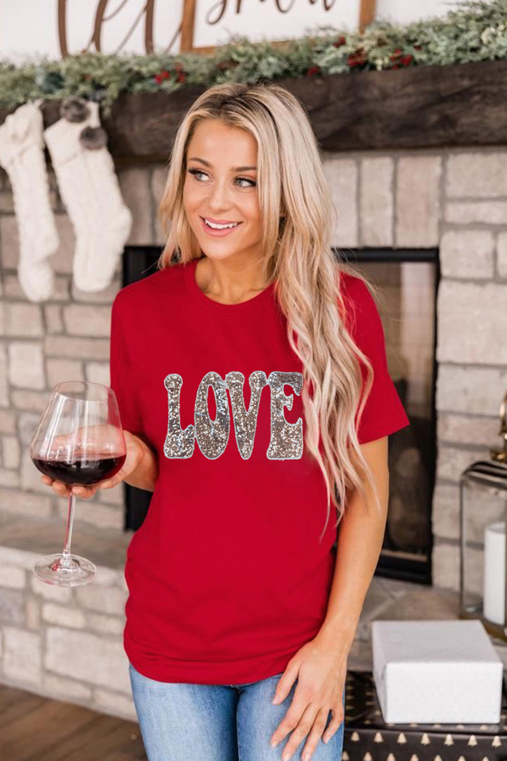 Red Leopard Striped Heart Shaped Print Crew Neck T Shirt - loveforevers