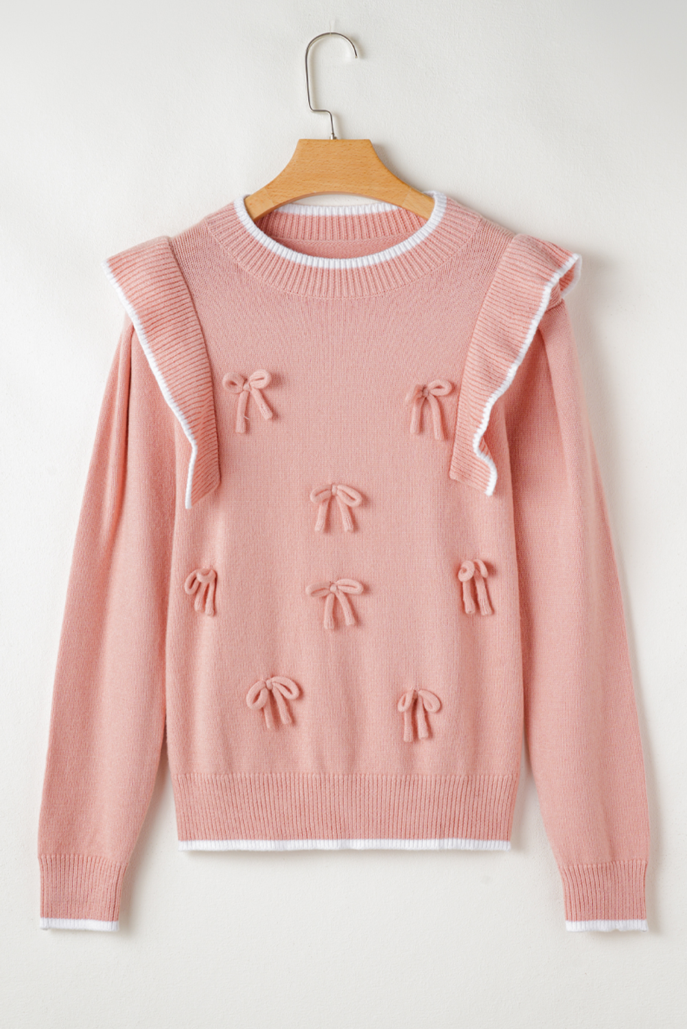 Light Pink Ruffled Bowknot Ribbed Trim Long Sleeve Sweater - loveforevers