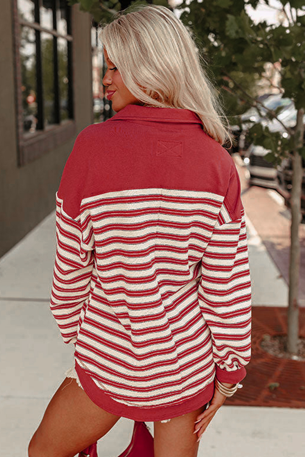Red Stripe Buttoned V Neck Collared Drop Shoulder Top - loveforevers