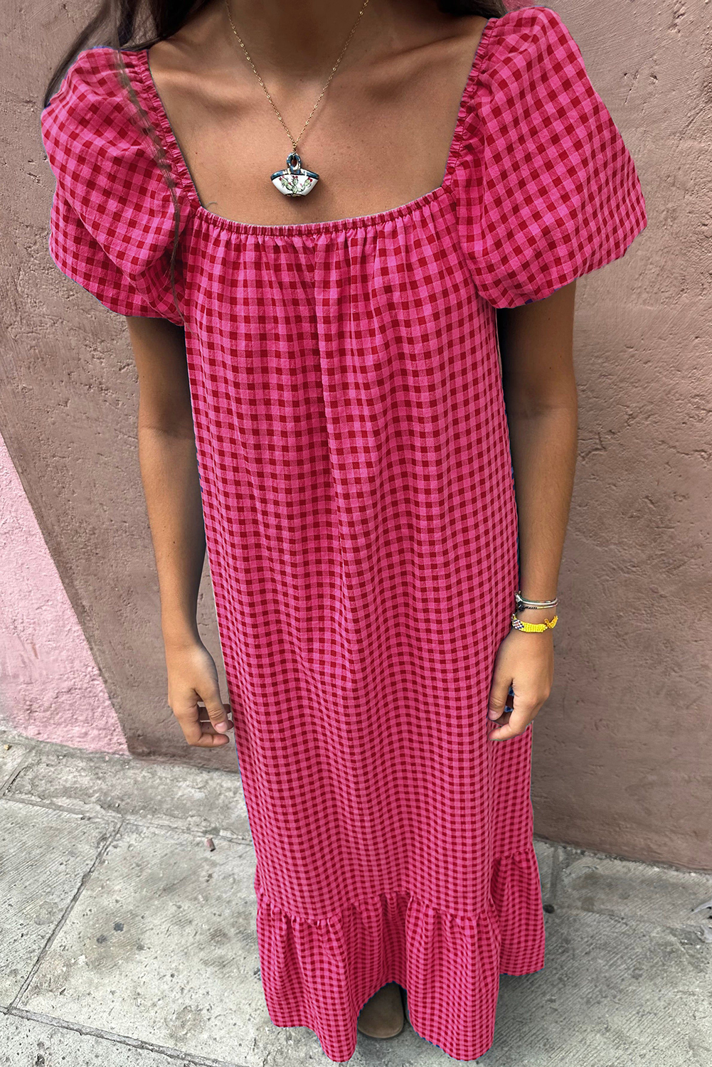 Rose Ginham Check Bubble Sleeve Ruffled Maxi Dress - loveforevers