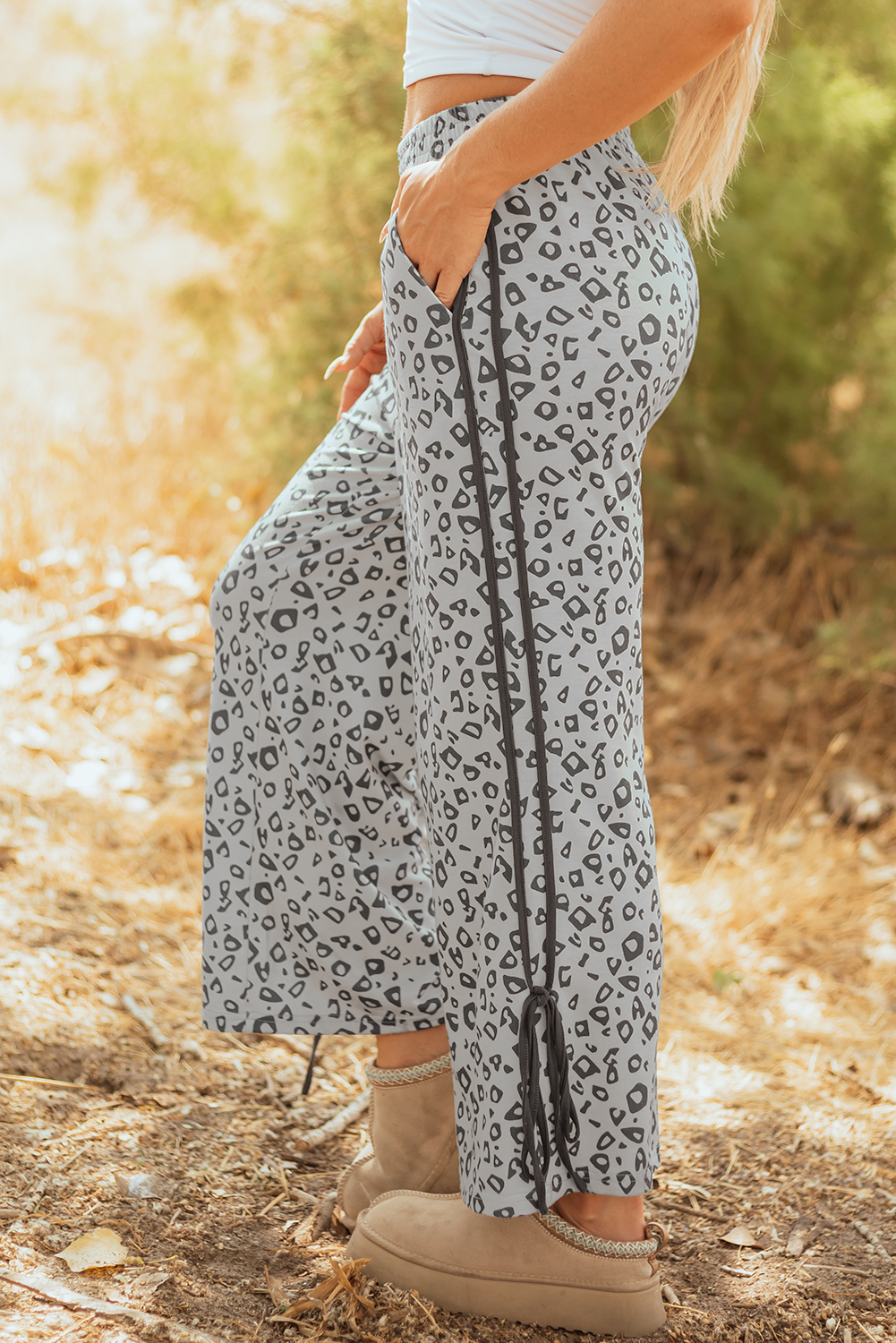 Gray Leopard High Waist Side Bow Straight Leg - loveforevers