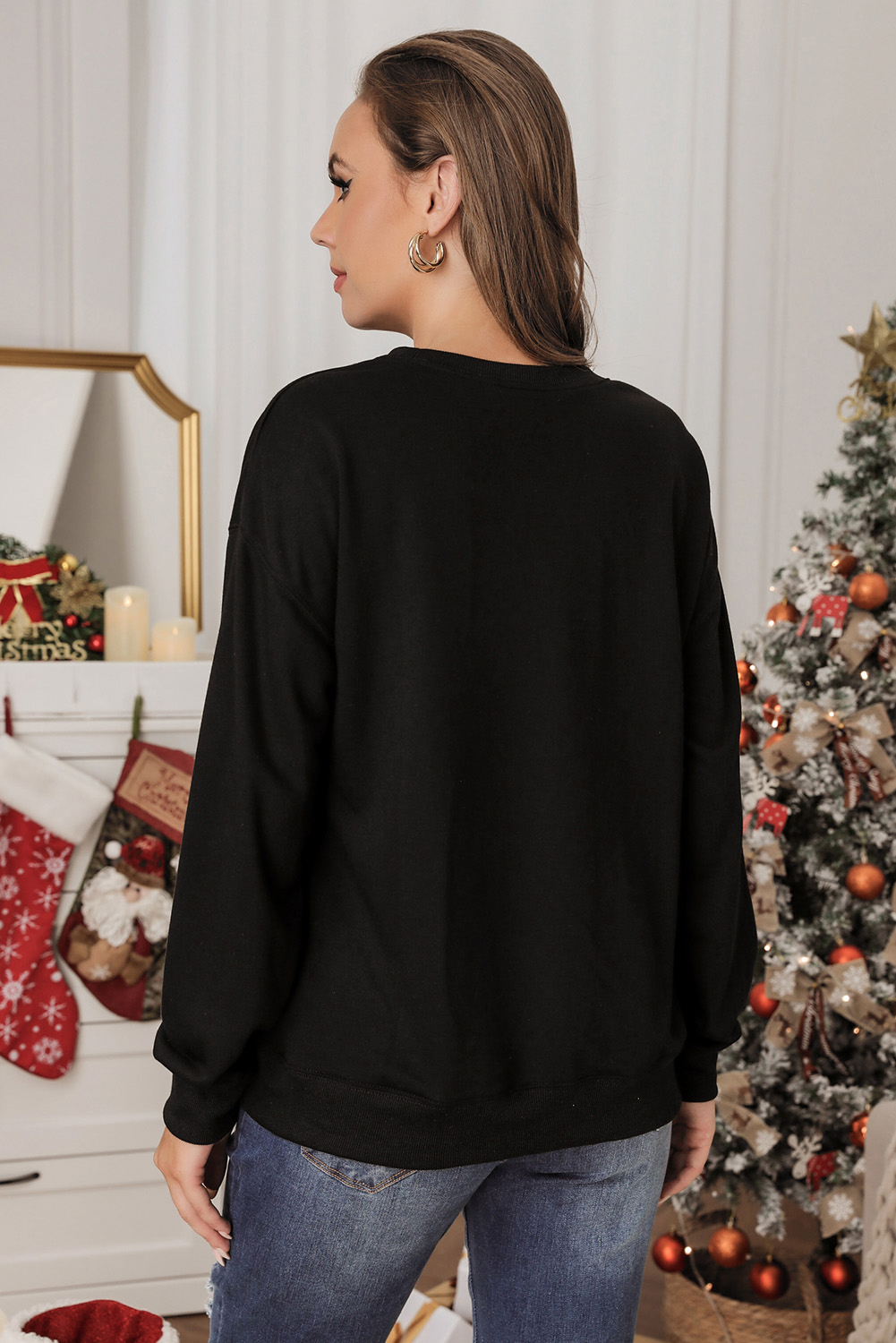 Black Christmas Candy Cane Sequin Patch Baggy Sweatshirt - loveforevers