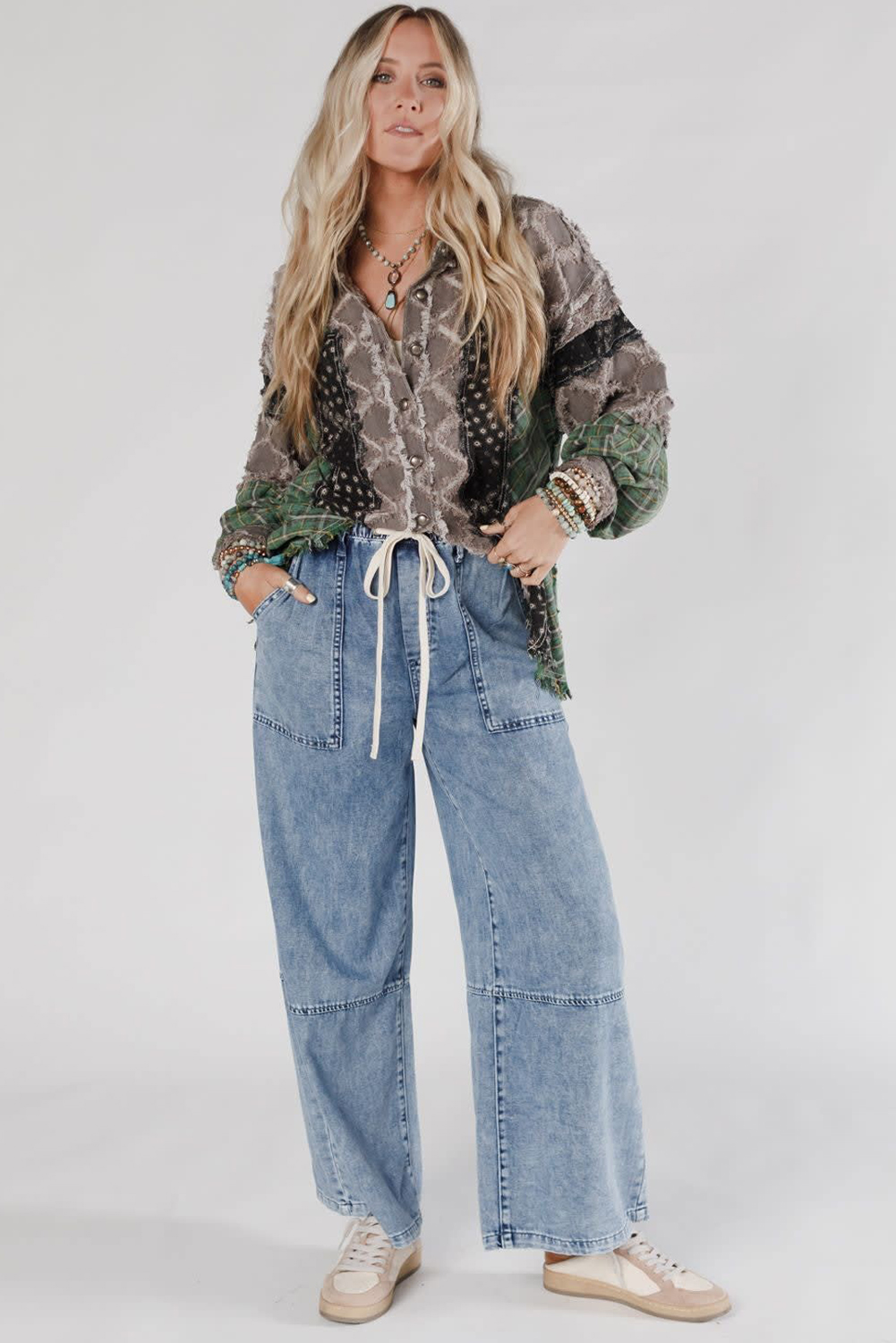 Ashleigh Blue Acid Wash Exposed Seam Drawstring Elastic Waistband Jeans - loveforevers