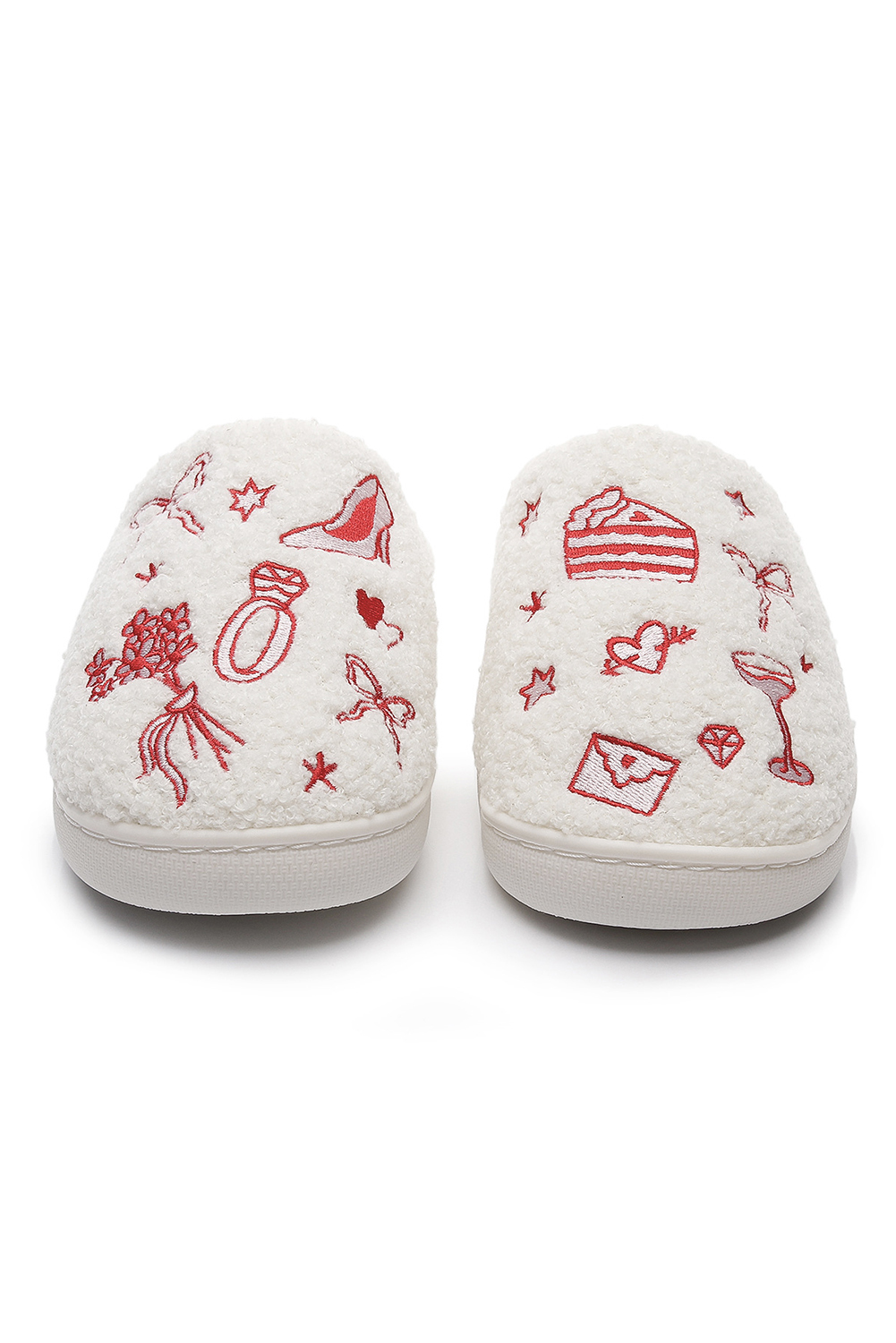 Fiery Red Plush Asymmetric Wedding Doodles Embroidered Slippers - loveforevers