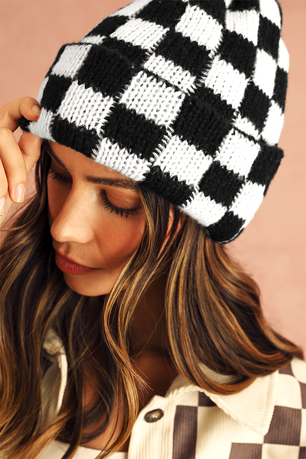 Black Two Tone Checkered Folded Eaveless Beanie Cap - loveforevers