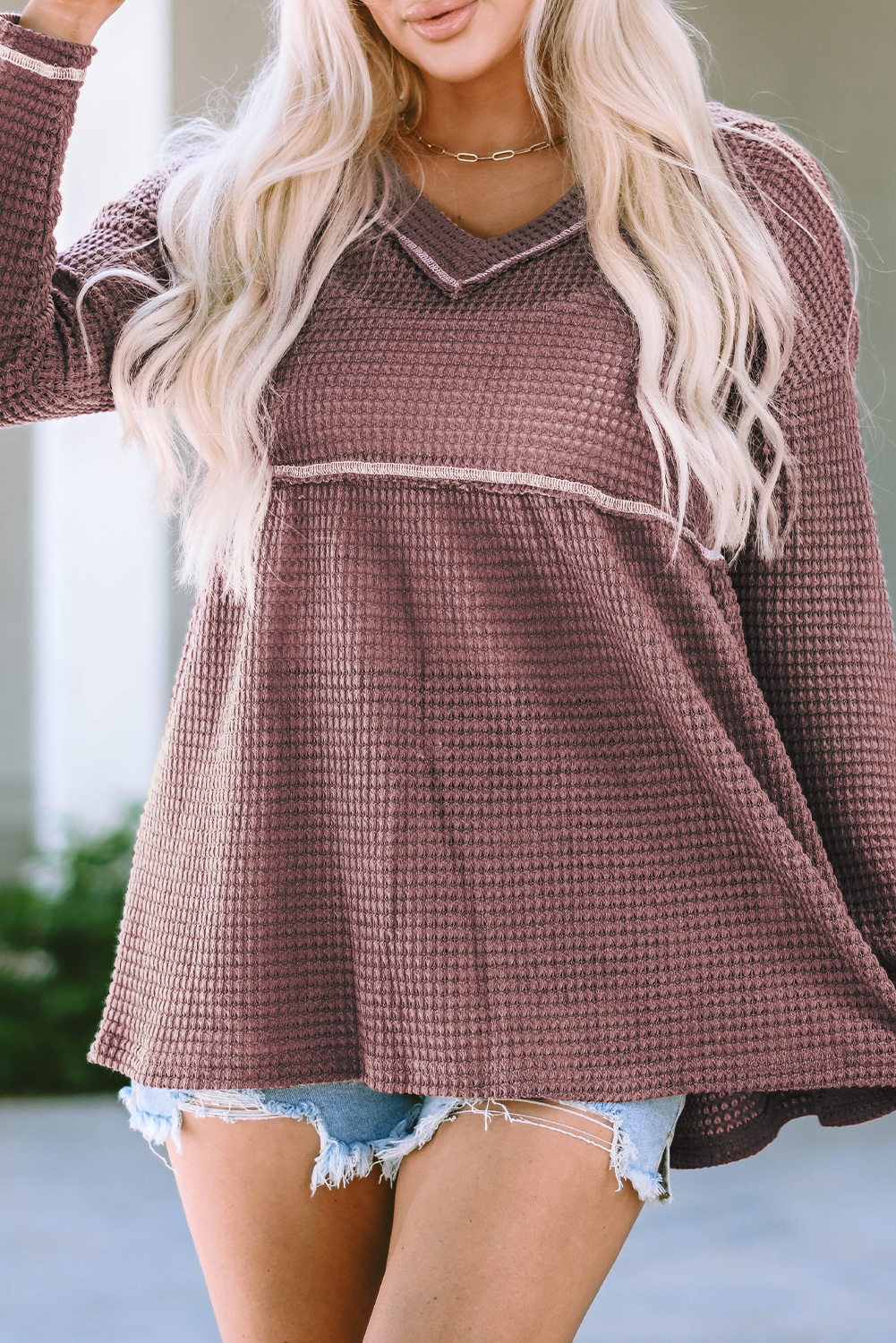 Pink Waffle Knit V Neck Long Sleeve Babydoll Top - loveforevers