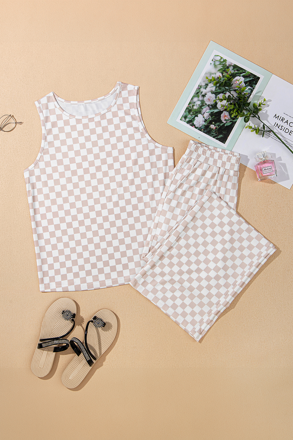 White Ribbed Texture Checkered Print 2pcs Tank and Pants Set - loveforevers