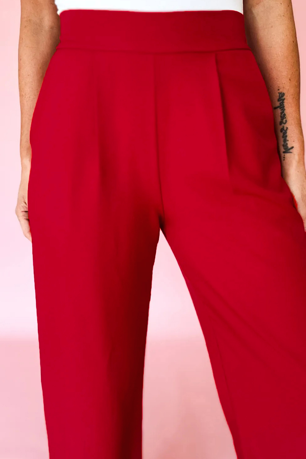 Fiery Red Pleated Detail Pull On High Elastic Waist Loose Straight Pants - loveforevers