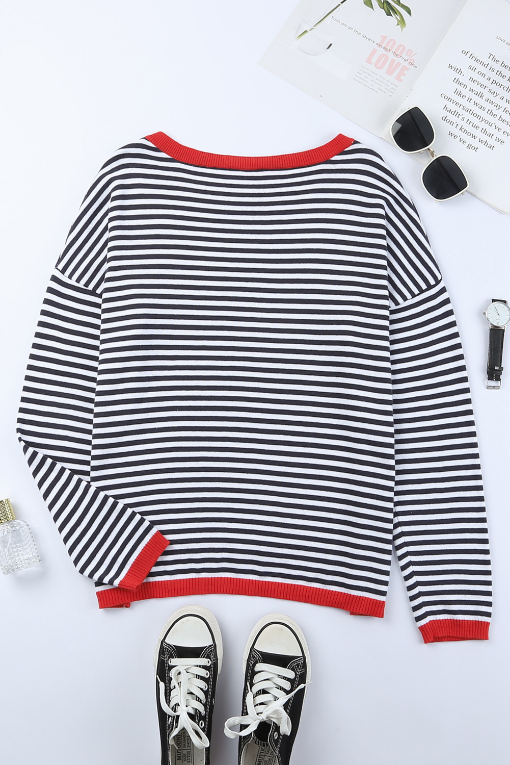 Fiery Red Striped Contrast Trimmed Drop Shoulder Sweater - loveforevers