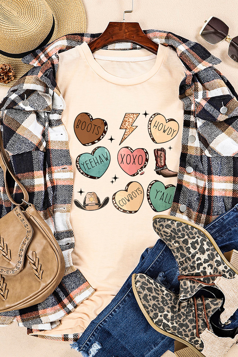 Red Leopard Striped Heart Shaped Print Crew Neck T Shirt - loveforevers