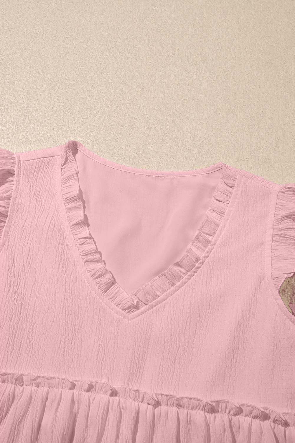 Light Pink Textured Ruffled Trim V Neck Flutter Flowy Top - loveforevers