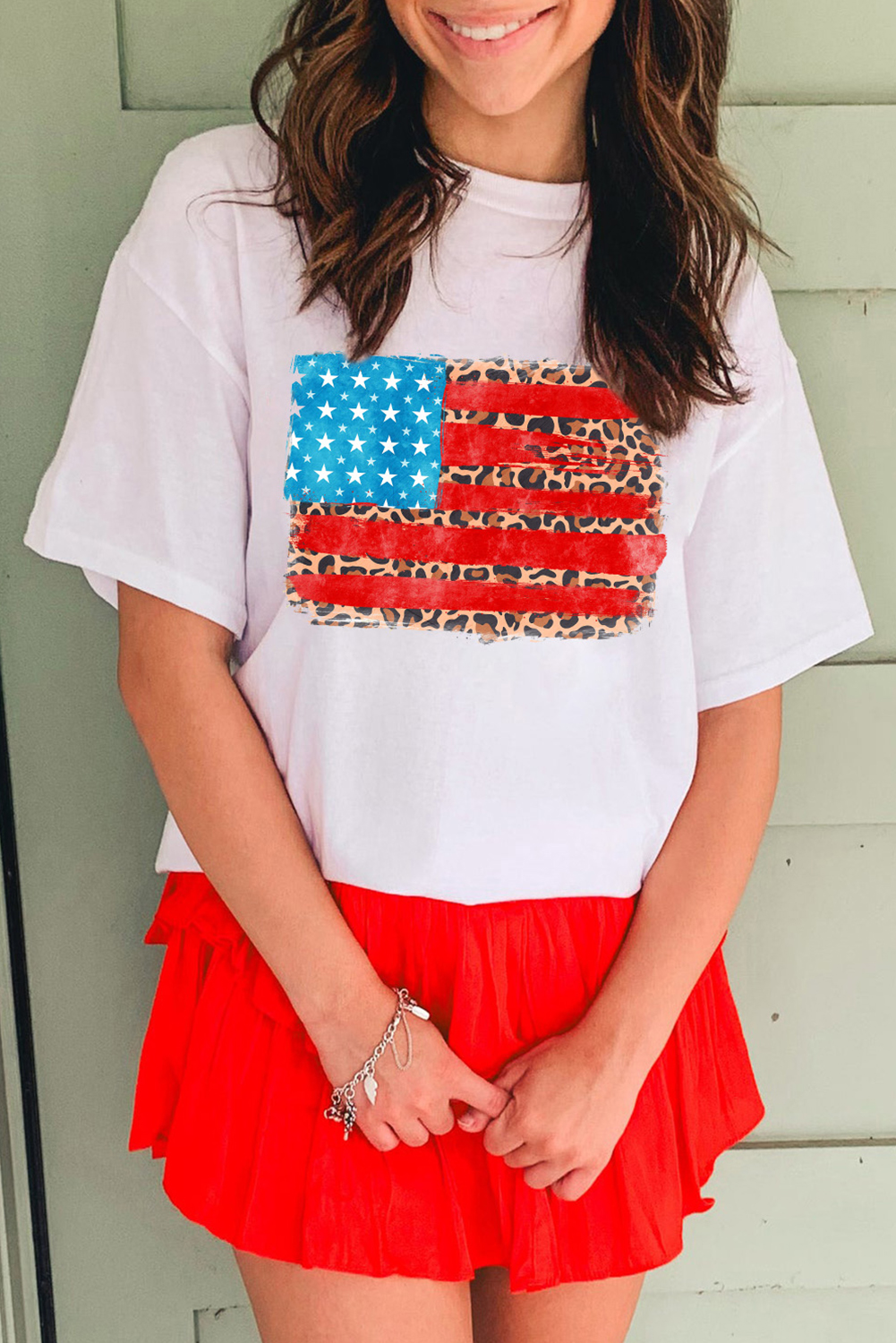 White Leopard Insert American Flag Pattern Cotton Blend T Shirt - loveforevers