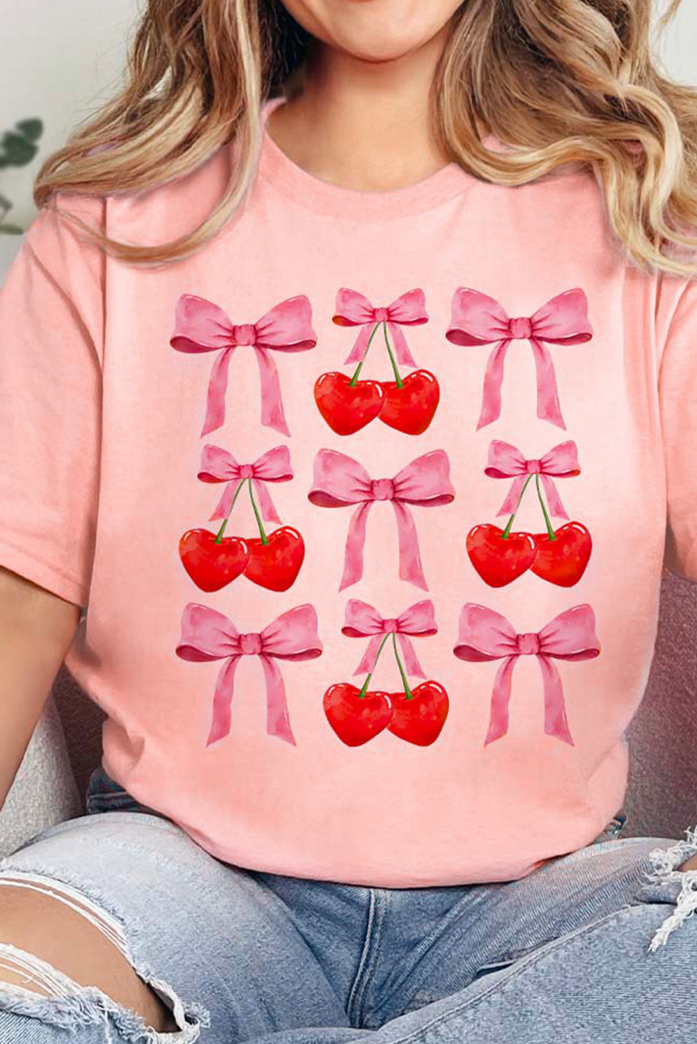 Pink Bow Cherry Print Crew Neck Casual T Shirt - loveforevers