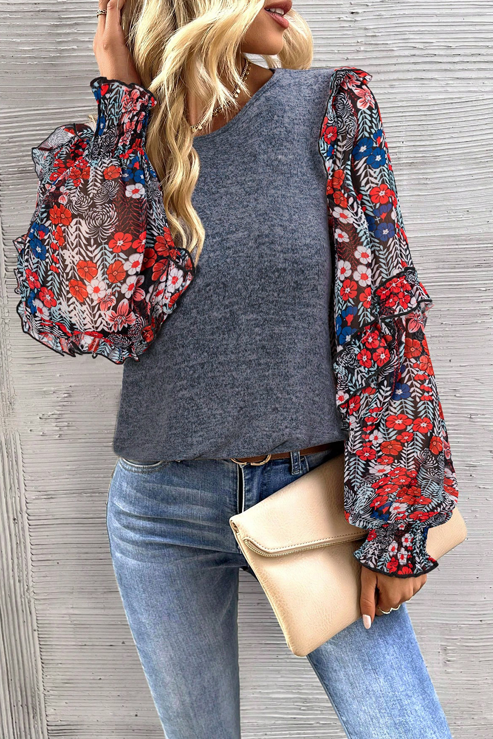 Blue Pale Chestnut Ruffle Tiered Floral Sleeve Crew Neck Blouse - loveforevers