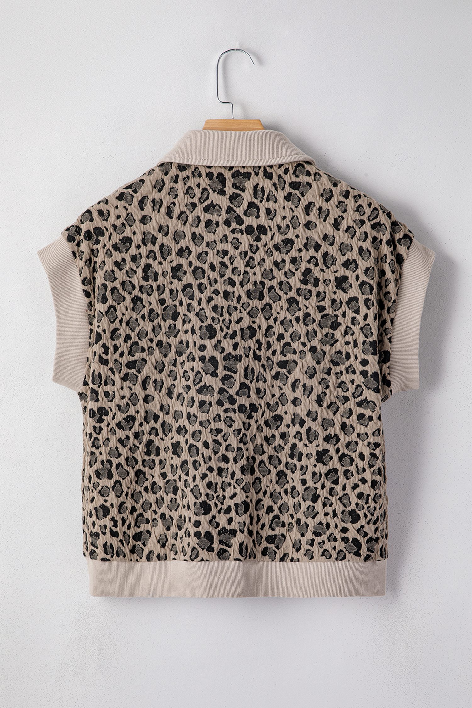 Beige Zip up Collared Leopard Cap Sleeve Top - loveforevers