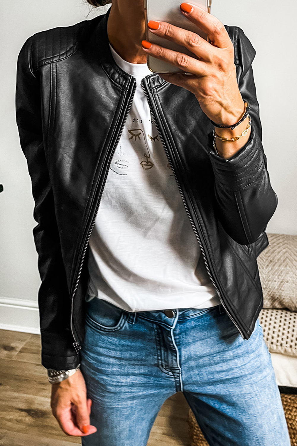 Chestnut Solid Faux Leather Zipper Slim Fit Bomber Jacket - loveforevers