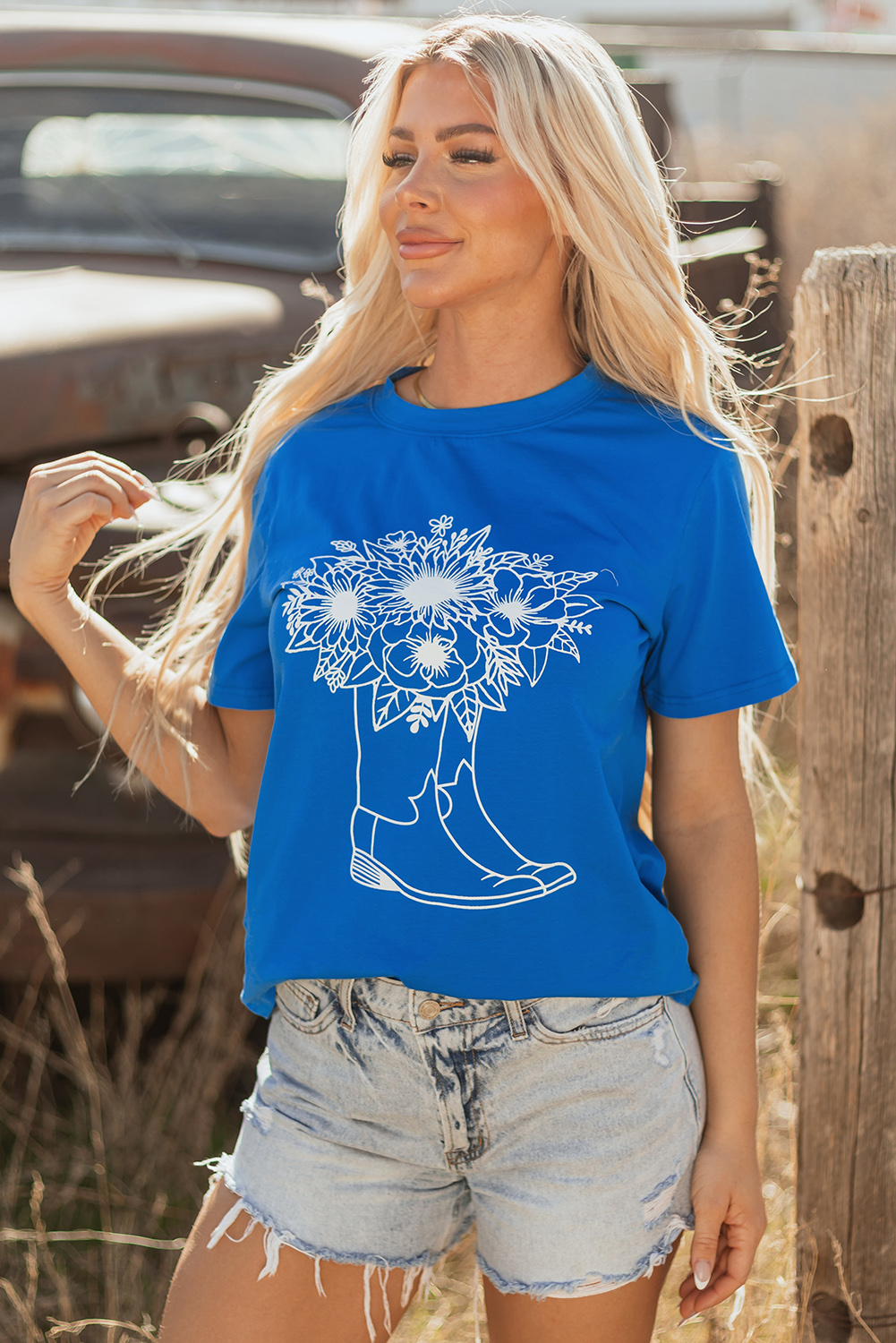 Blue Sunflower Boots Graphic Western Fashion T Shirt - loveforevers